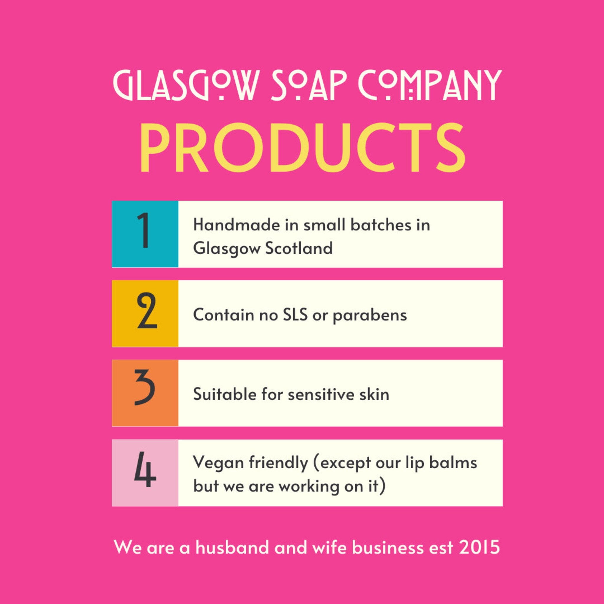 Glasgow Soap Company product information graphic with pink background, white text, and colored numbered boxes