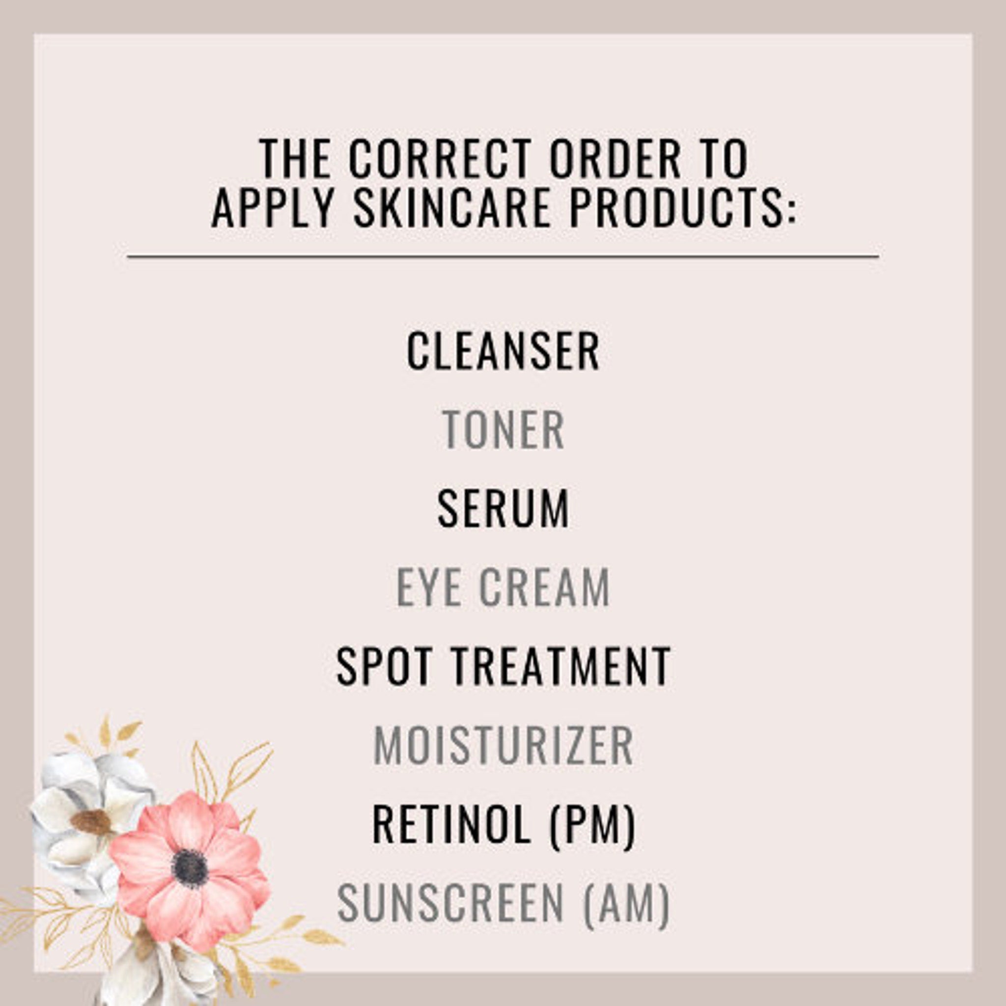 Skincare order guide graphic with beige background, black and gray text, and floral accents