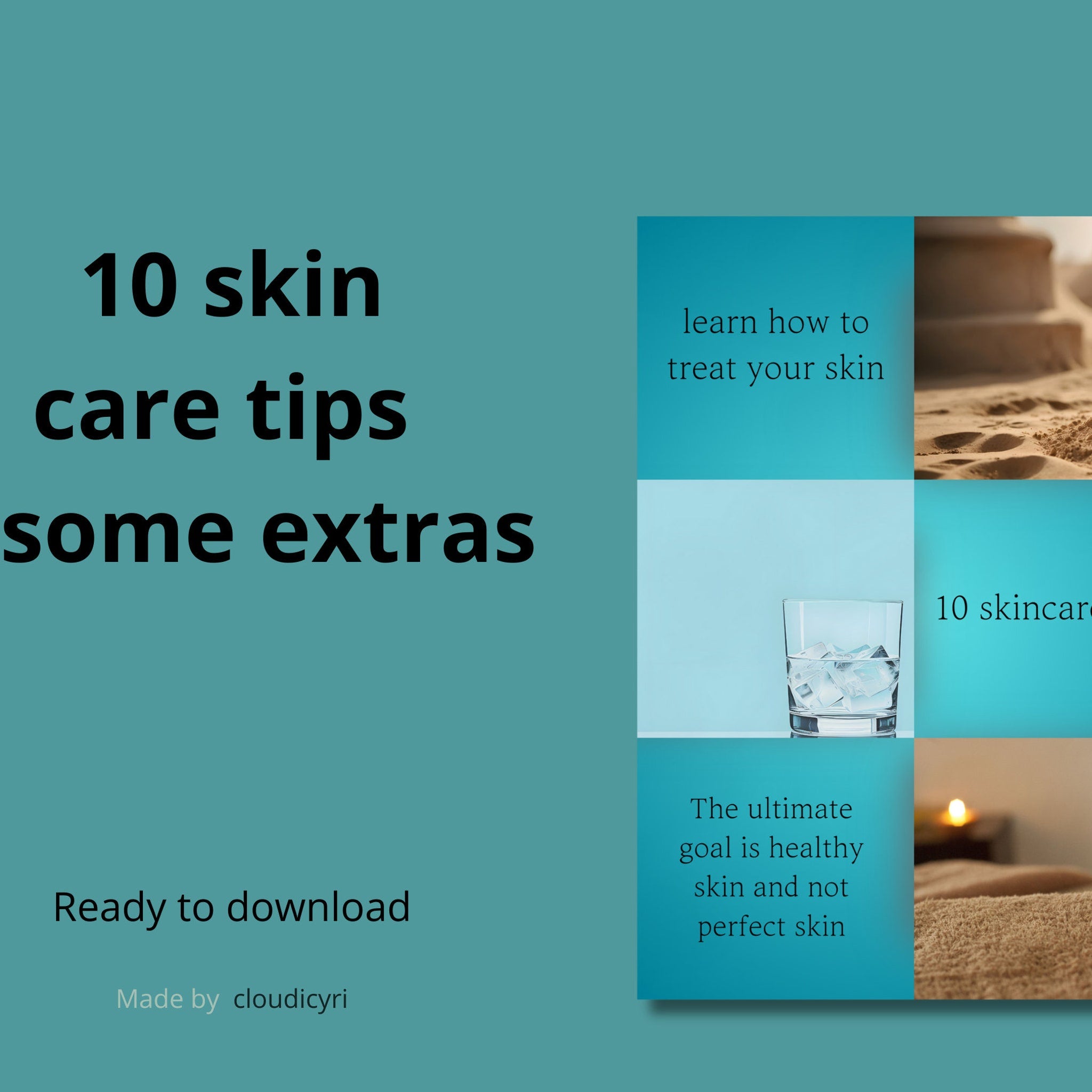 Skin care tips graphic with teal and blue background, text, and images of ice, sand, and candle.