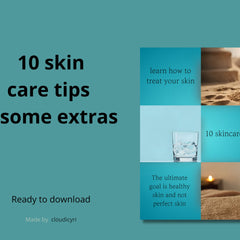 Skin care tips graphic with teal and blue background, text, and images of ice, sand, and candle.