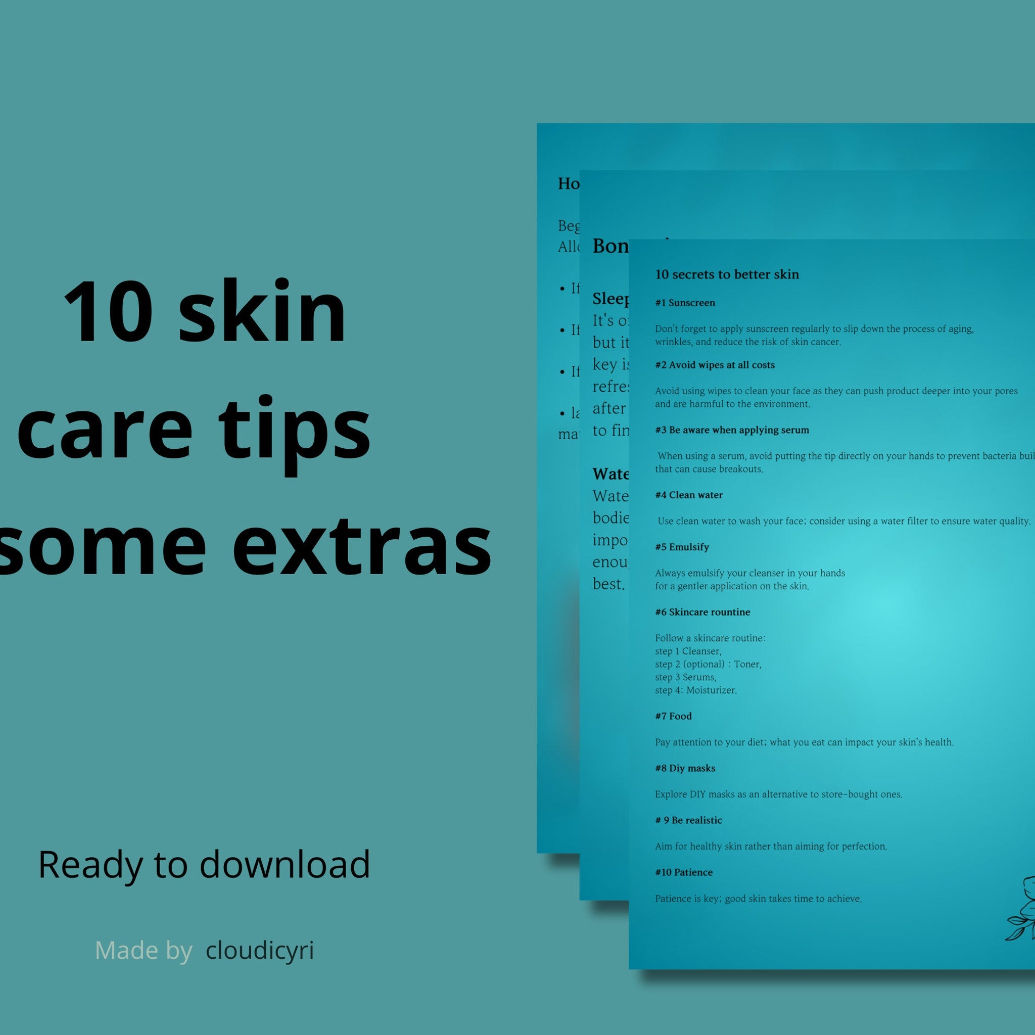 Skin care tips graphic with teal background and white text, ready to download from cloudicyri.