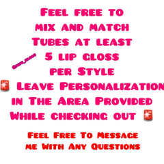 Lip gloss instructions, pink text on white background, @JUJU_CLOSS brand, mix and match instructions, personalization details