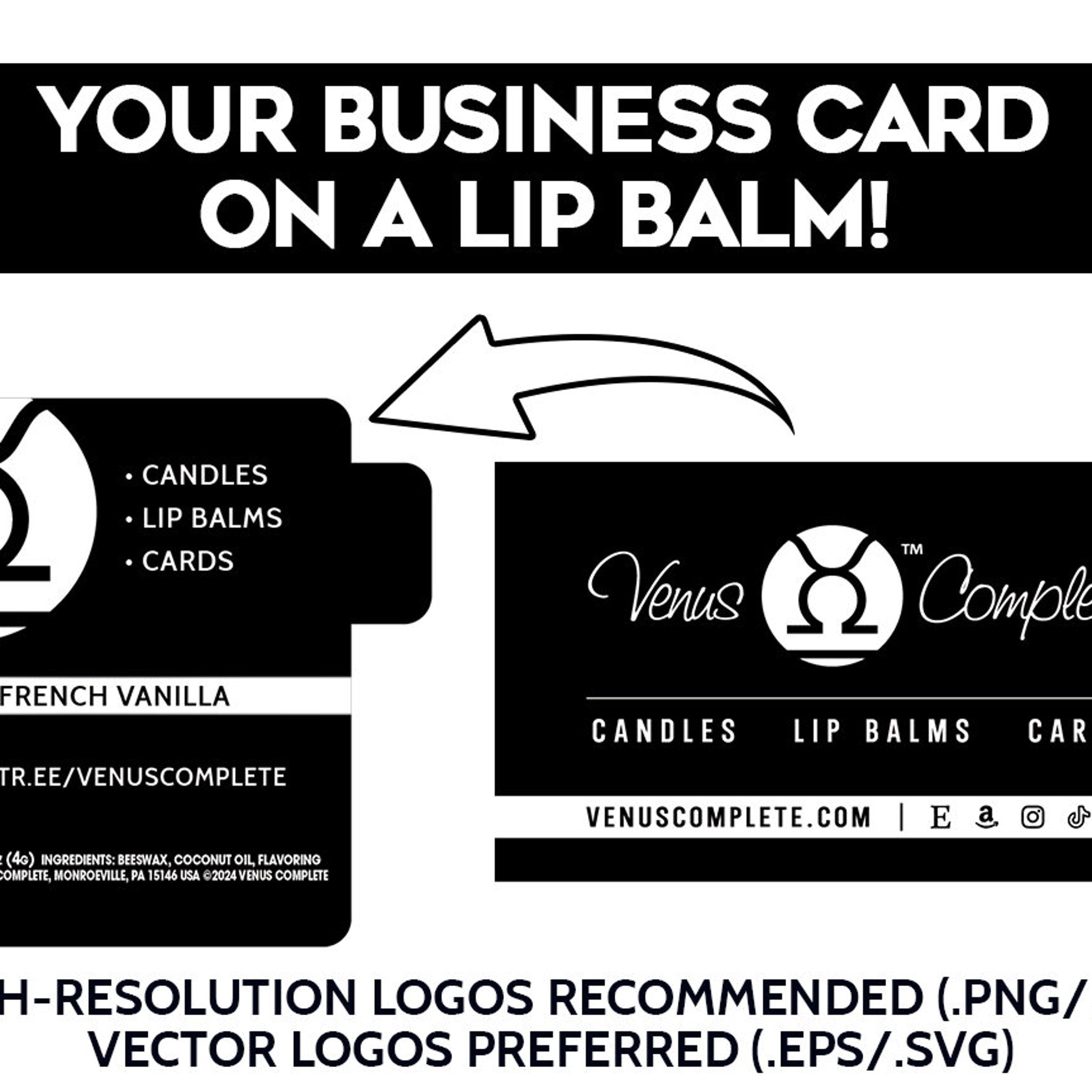 Lip balm advertisement with black and white text, Venus Complete logo, and arrow graphic