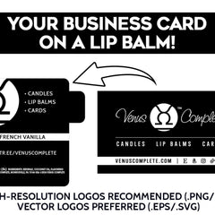 Lip balm advertisement with black and white text, Venus Complete logo, and arrow graphic