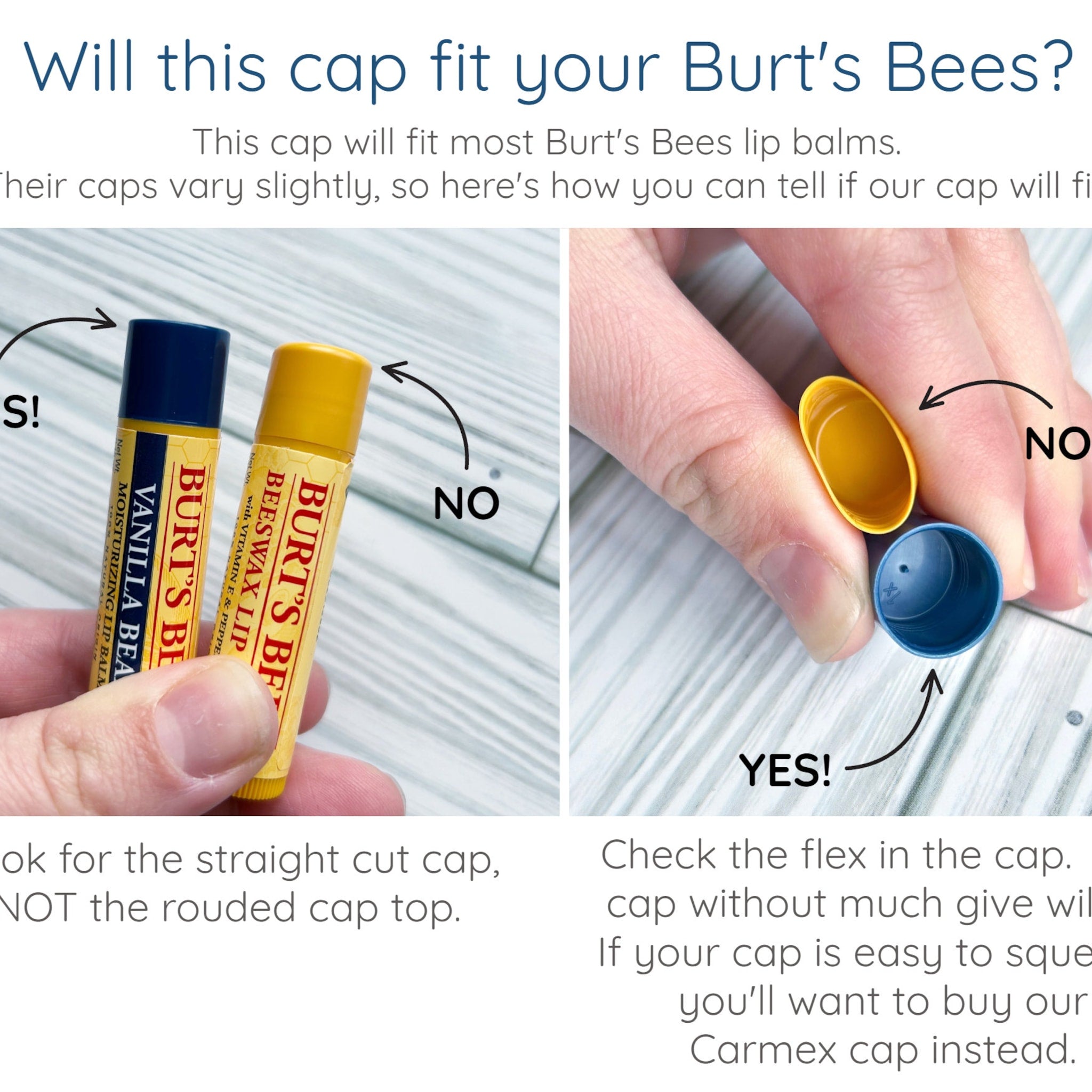 Burt's Bees lip balm caps, yellow and blue plastic, held in hand to demonstrate fit