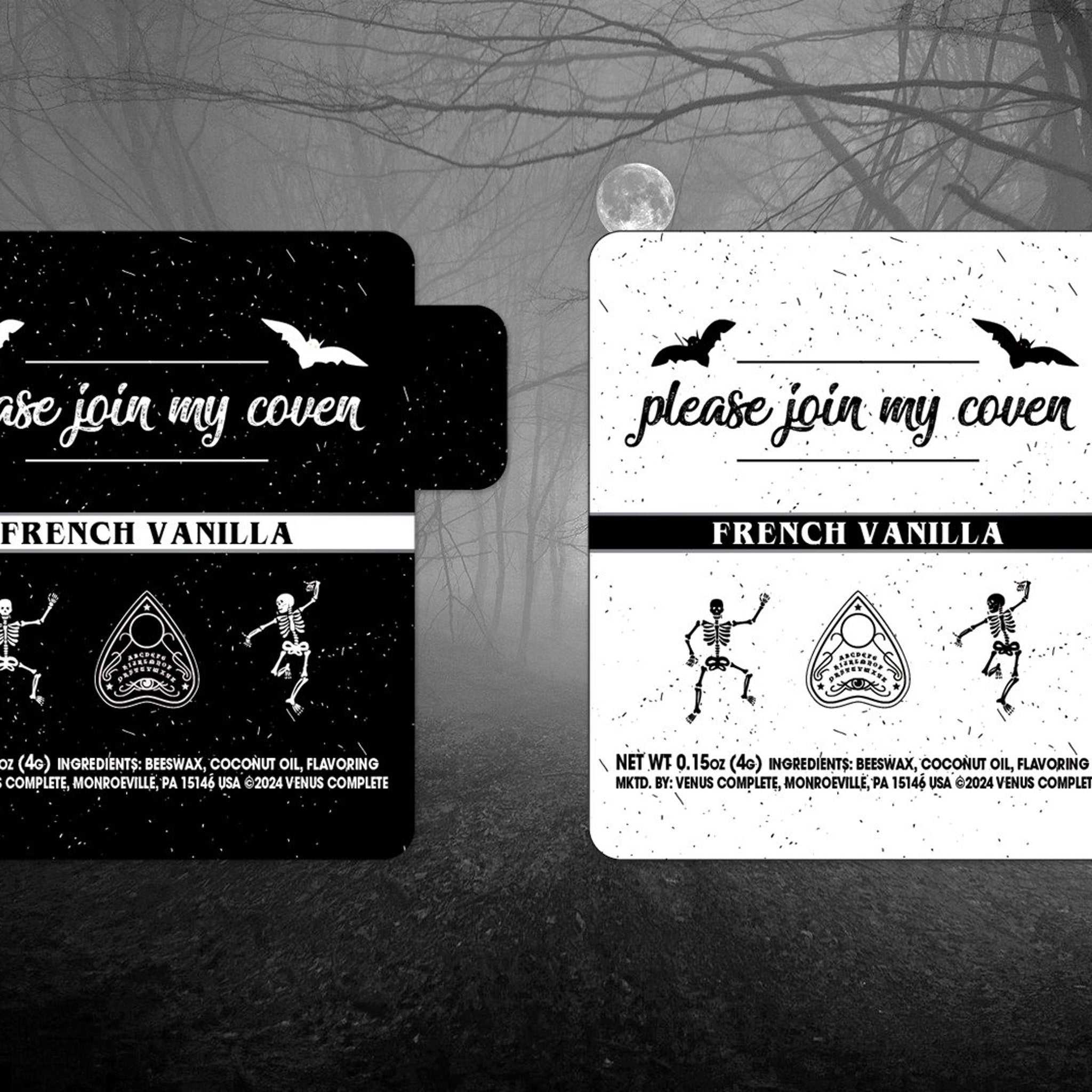 French Vanilla product label with black and white design, bats, and Venus Complete text