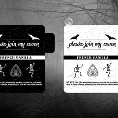 French Vanilla product label with black and white design, bats, and Venus Complete text