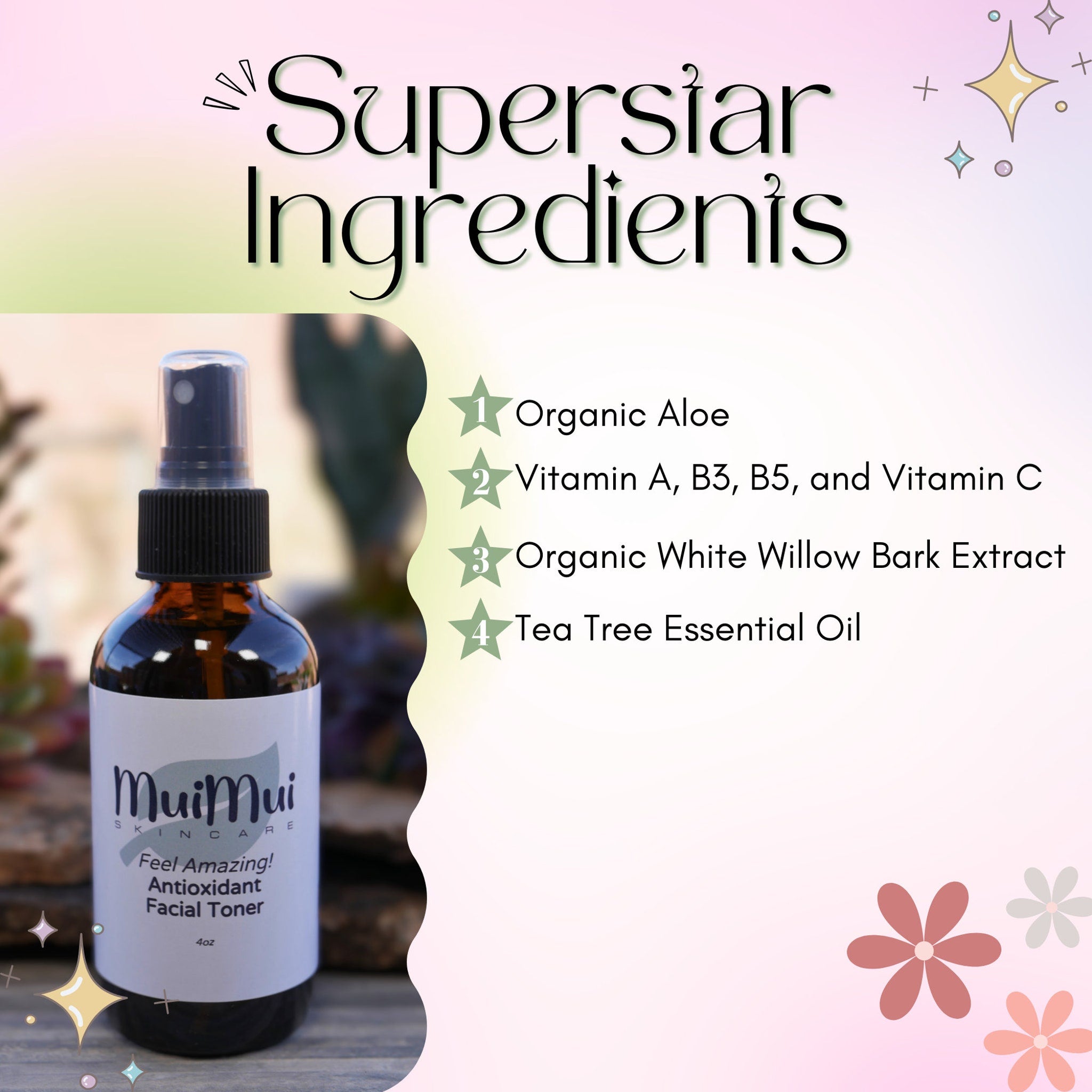 Facial toner bottle, brown glass, black cap, white label, Muimui Skincare brand