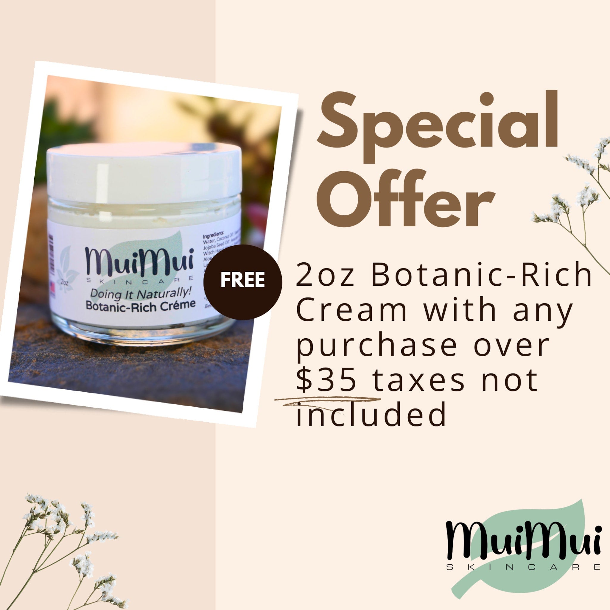 MuiMui Botanic-Rich cream jar, white lid, glass jar, on stone surface, special offer label