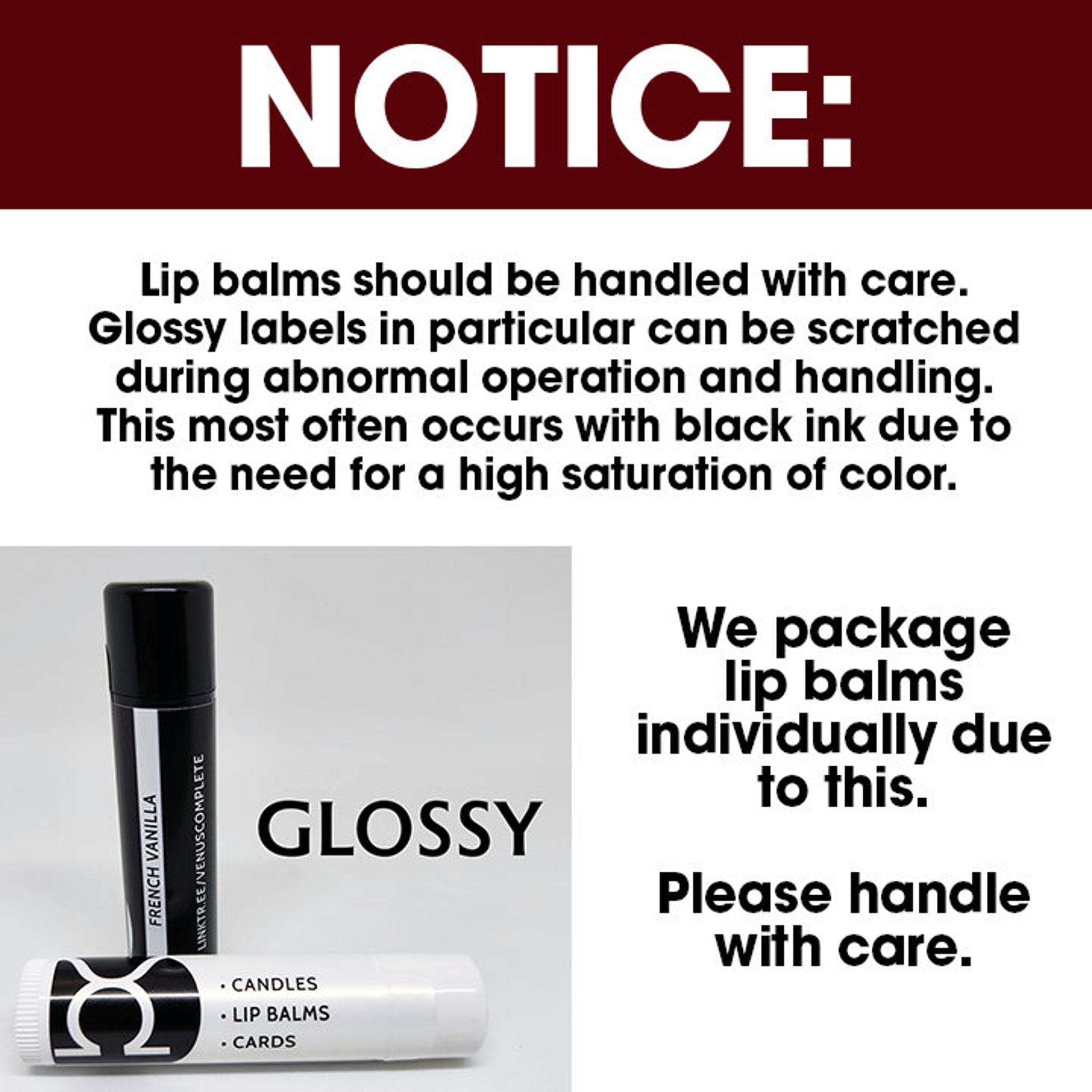 Lip balm tubes with black and white design, French Vanilla text, and Venus Complete branding