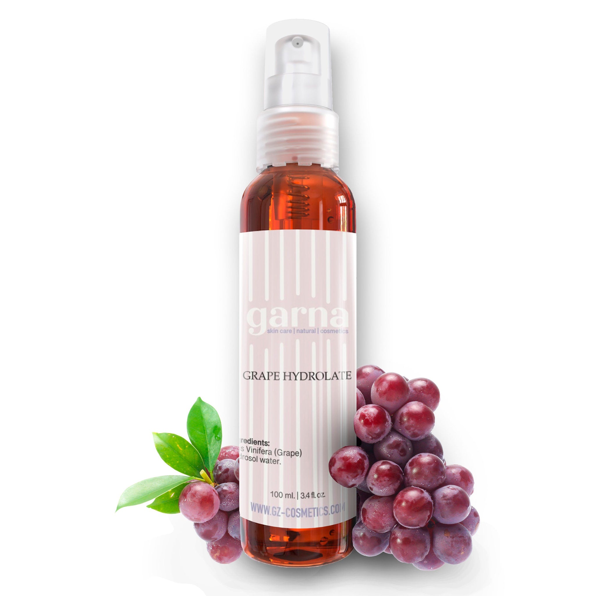 Grape Hydrosol Spray bottle with clear plastic pump, red liquid, and Garna label with grapes