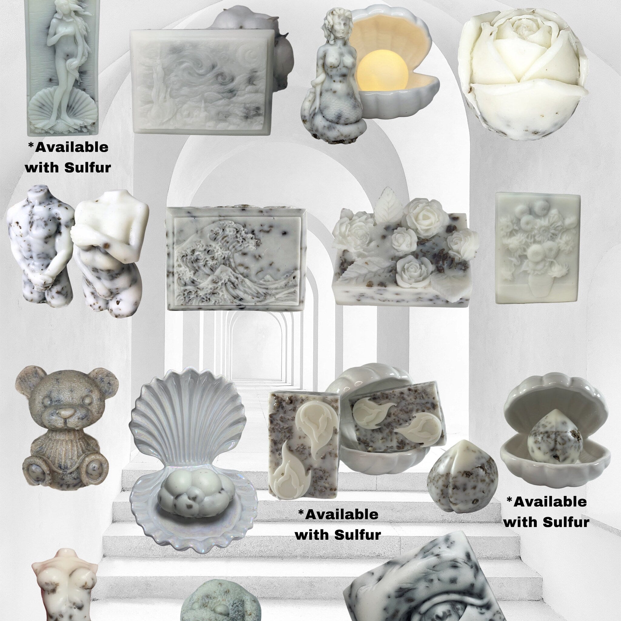 Soap sculpture with white and gray marble effect, various shapes, some with carved details