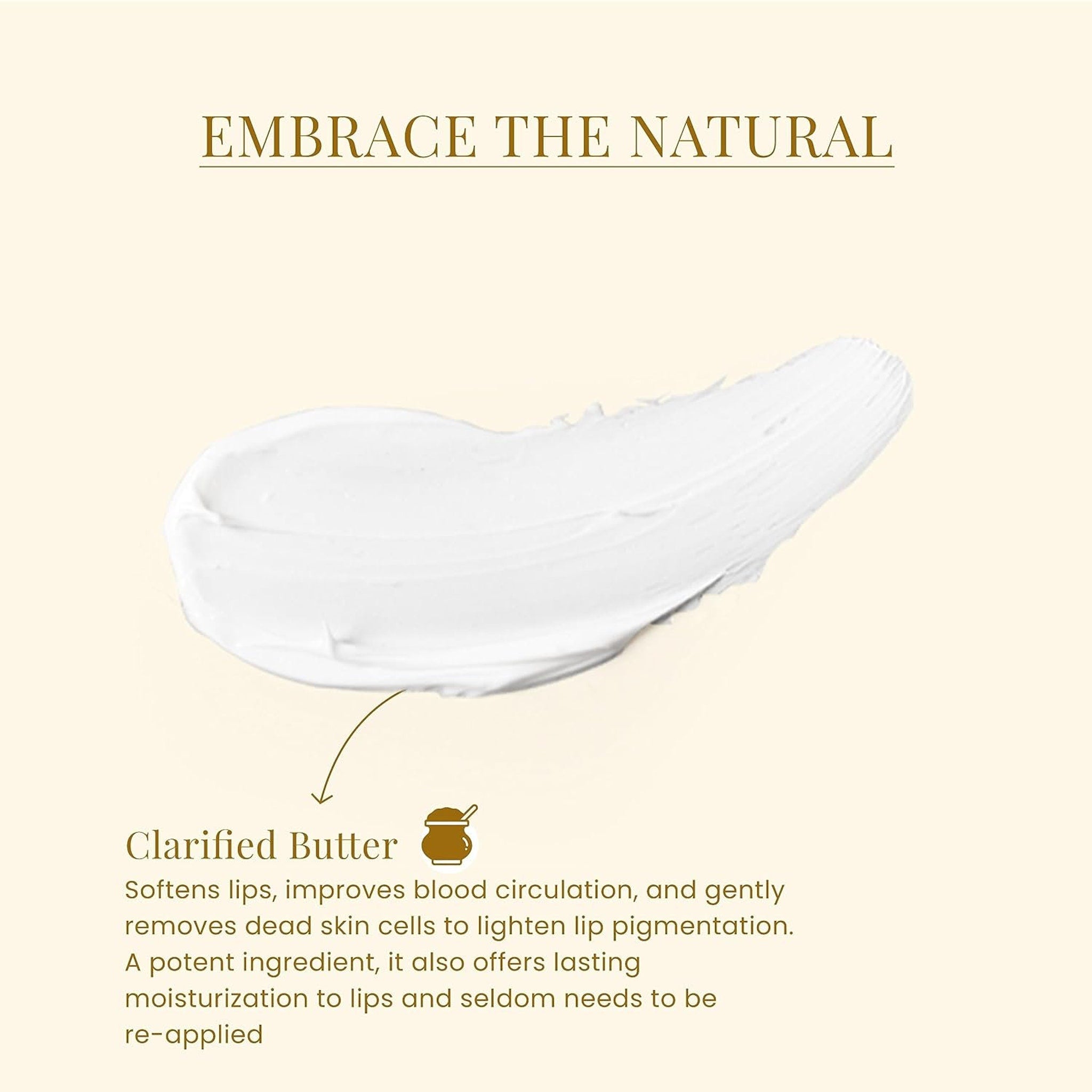 Clarified butter, white cream texture, applied on skin, for lip care