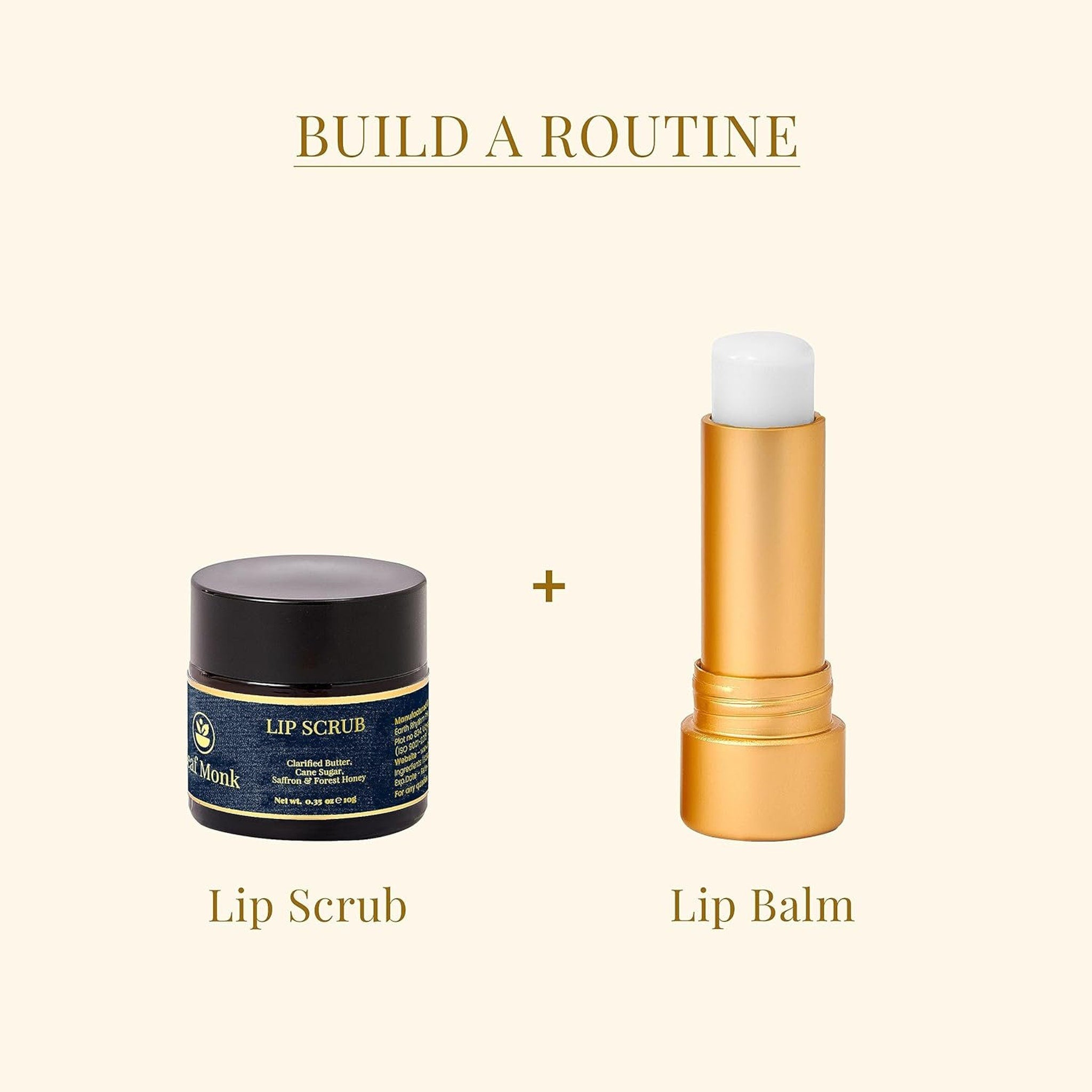 Lip scrub and lip balm set, black jar and gold tube, with "Lip Scrub" and "Lip Balm" text below