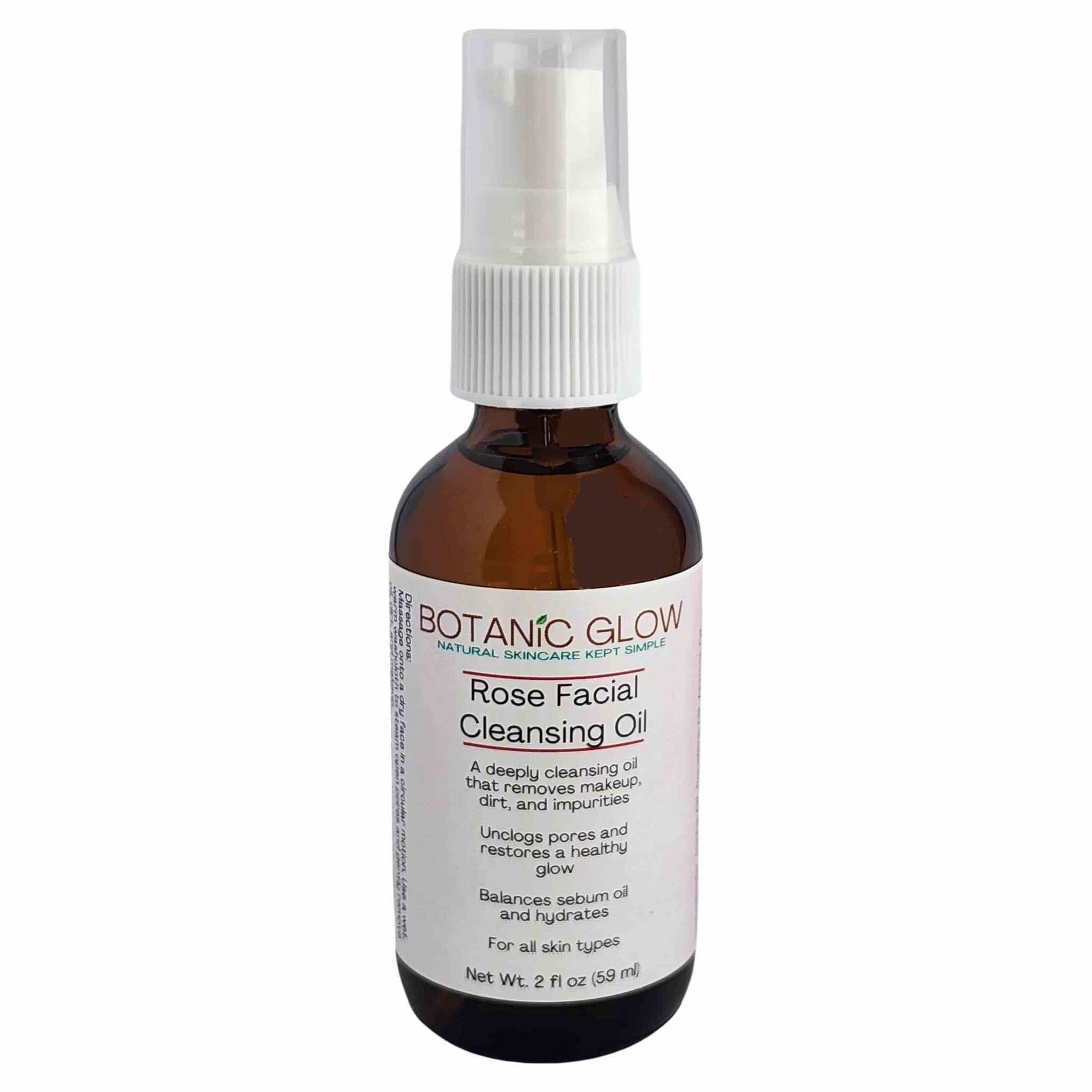 Facial cleansing oil bottle, brown glass, white pump, Botanic Glow brand name visible
