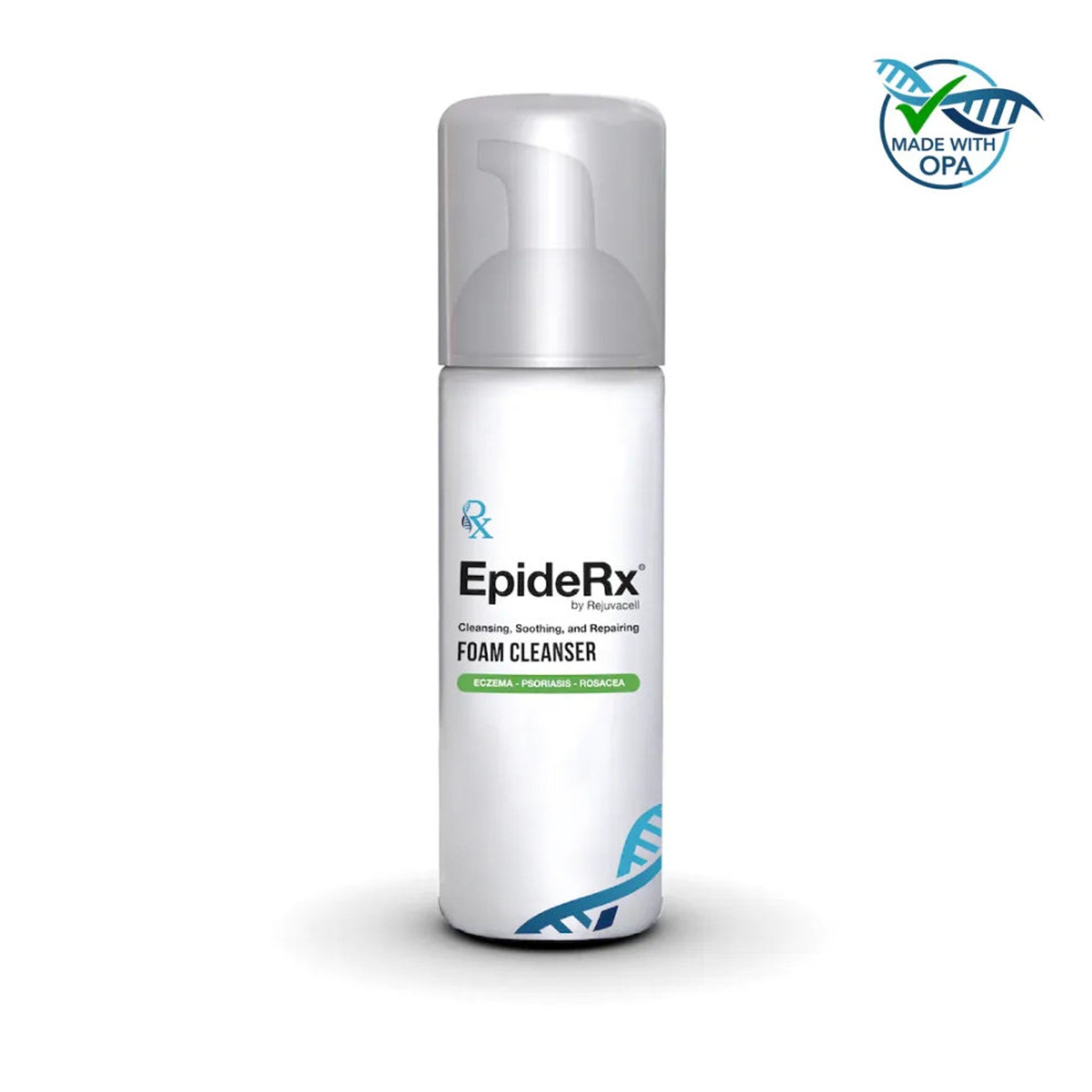 Foam cleanser bottle, white and silver, with "EpideRx" label and pump top, Made with OPA logo