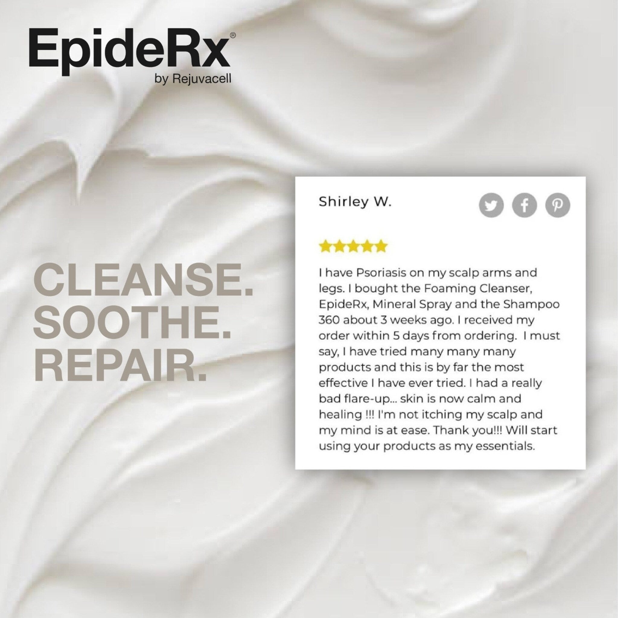 EpideRx brand image with white background, text, and customer review, with social media icons.