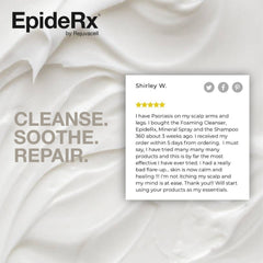 EpideRx brand image with white background, text, and customer review, with social media icons.