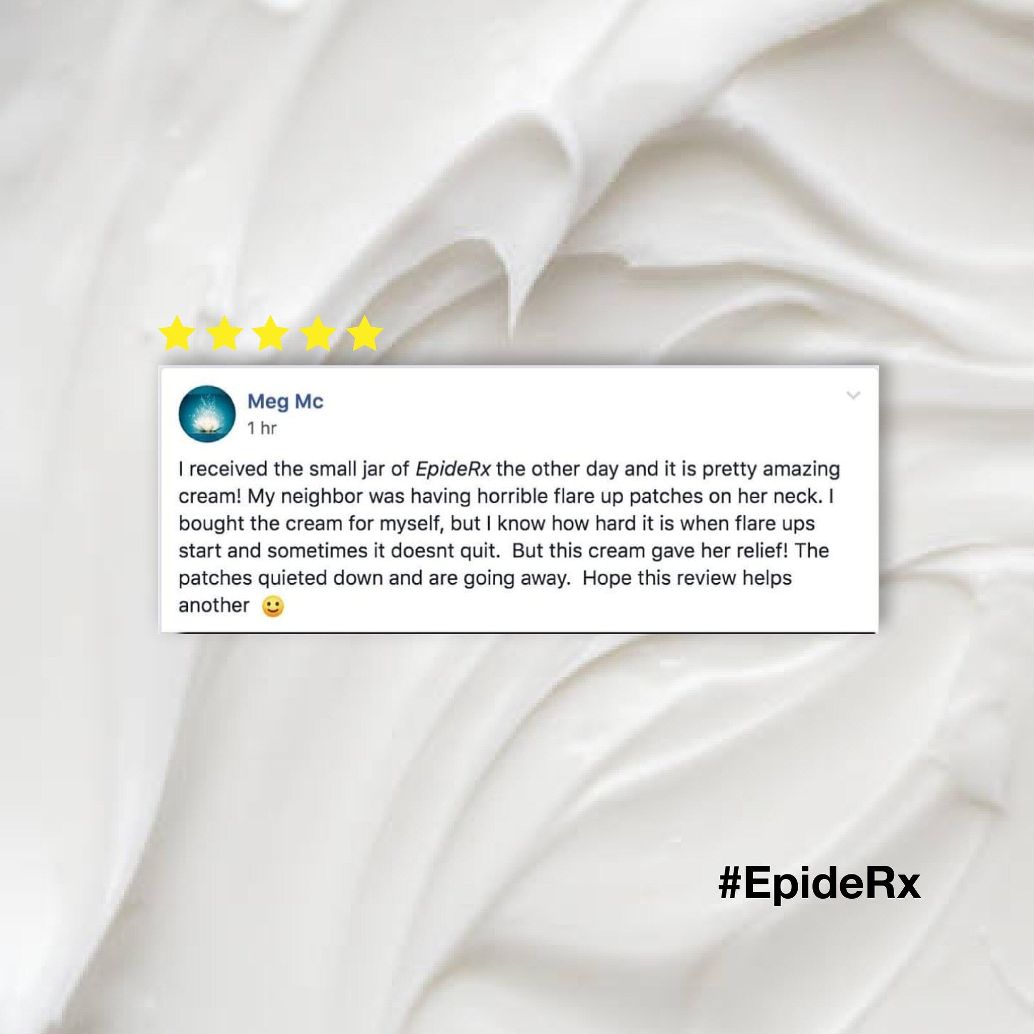 Cream review with white, textured background and yellow star rating, #EpideRx visible