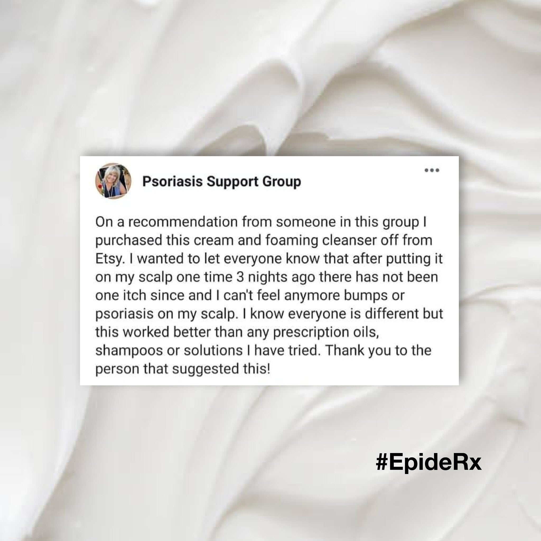 Customer review screenshot on white background, with text and #EpideRx hashtag visible