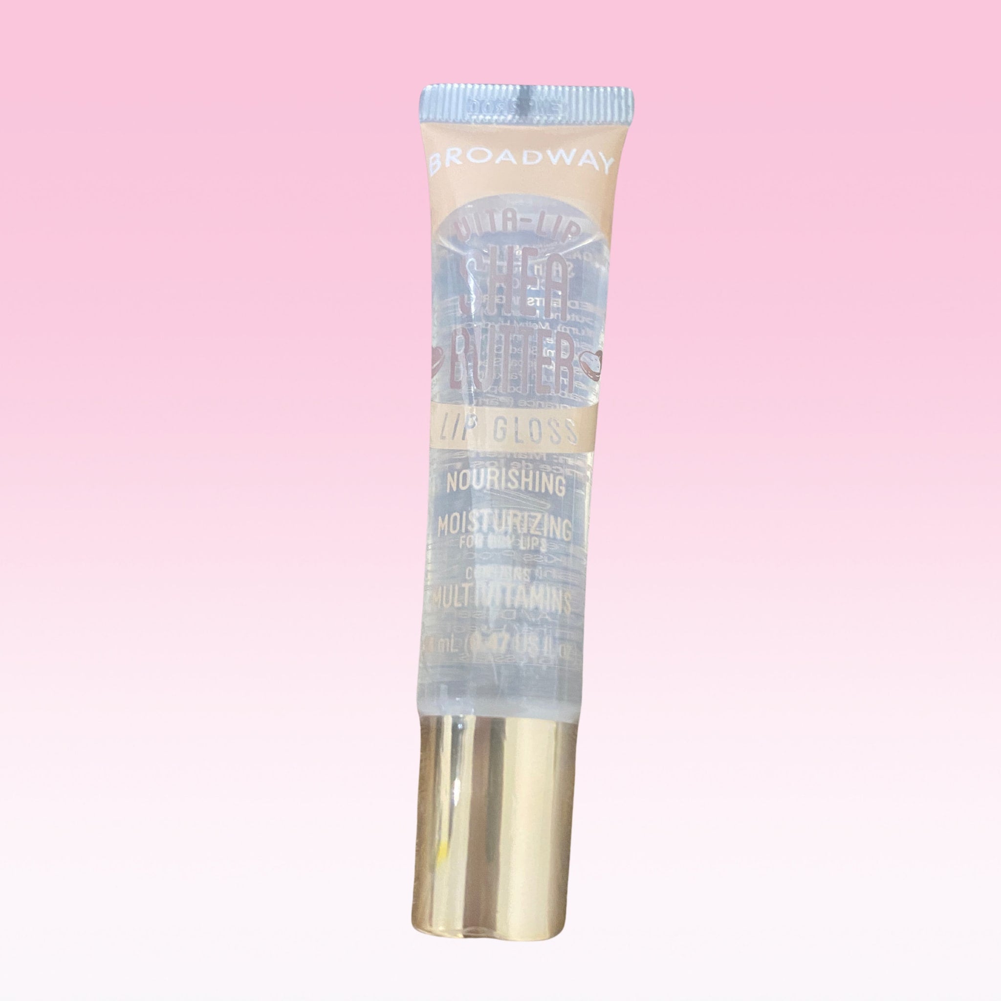 Lip gloss tube with clear gloss, gold cap, and Broadway Vita Soft branding
