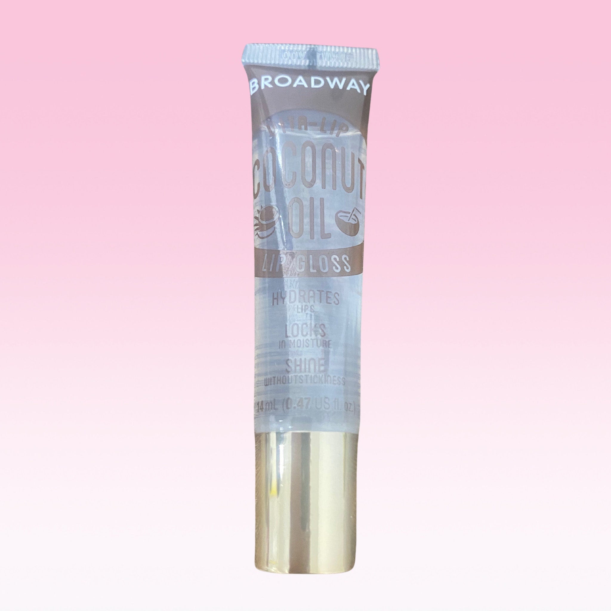 Lip gloss tube with clear, silver, and gold colors, Broadway brand visible on the tube