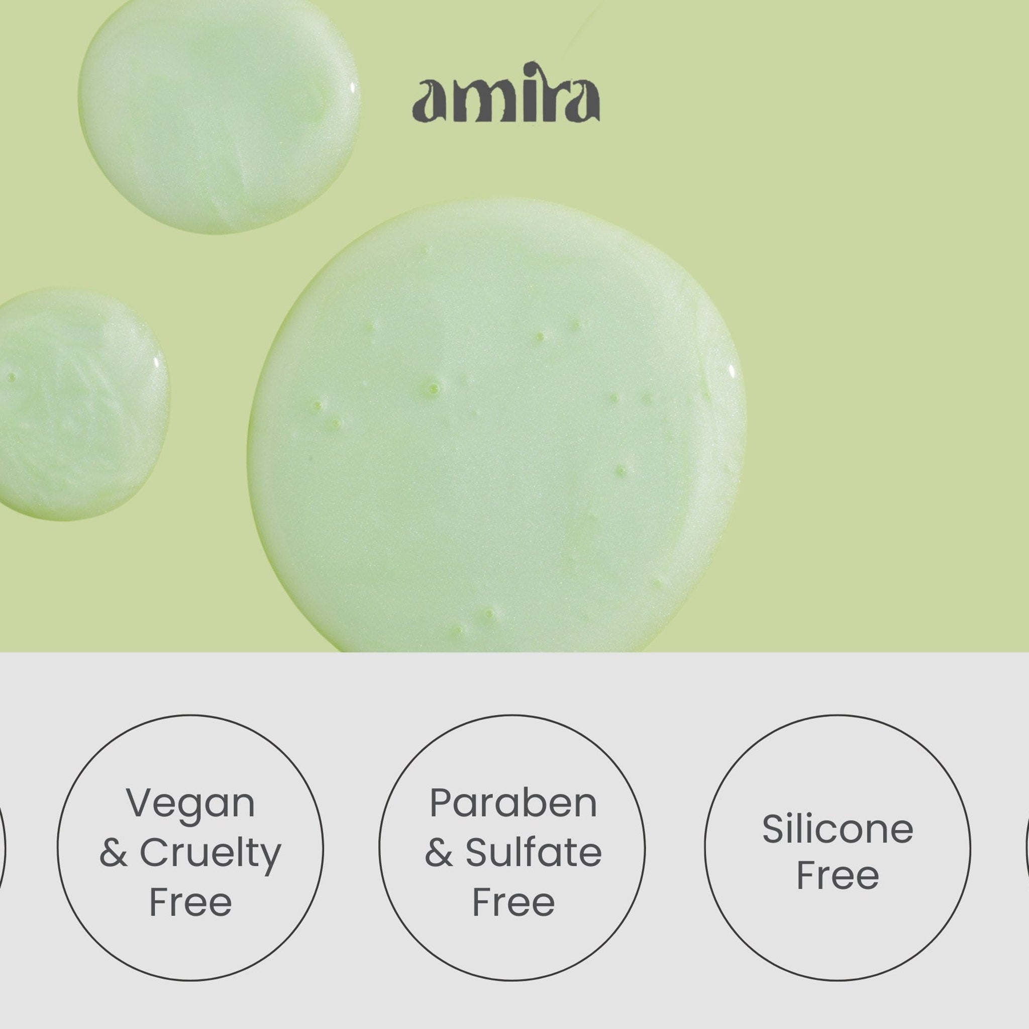 Green liquid droplets with amira brand text on a light green background
