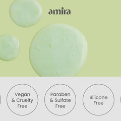 Green liquid droplets with amira brand text on a light green background