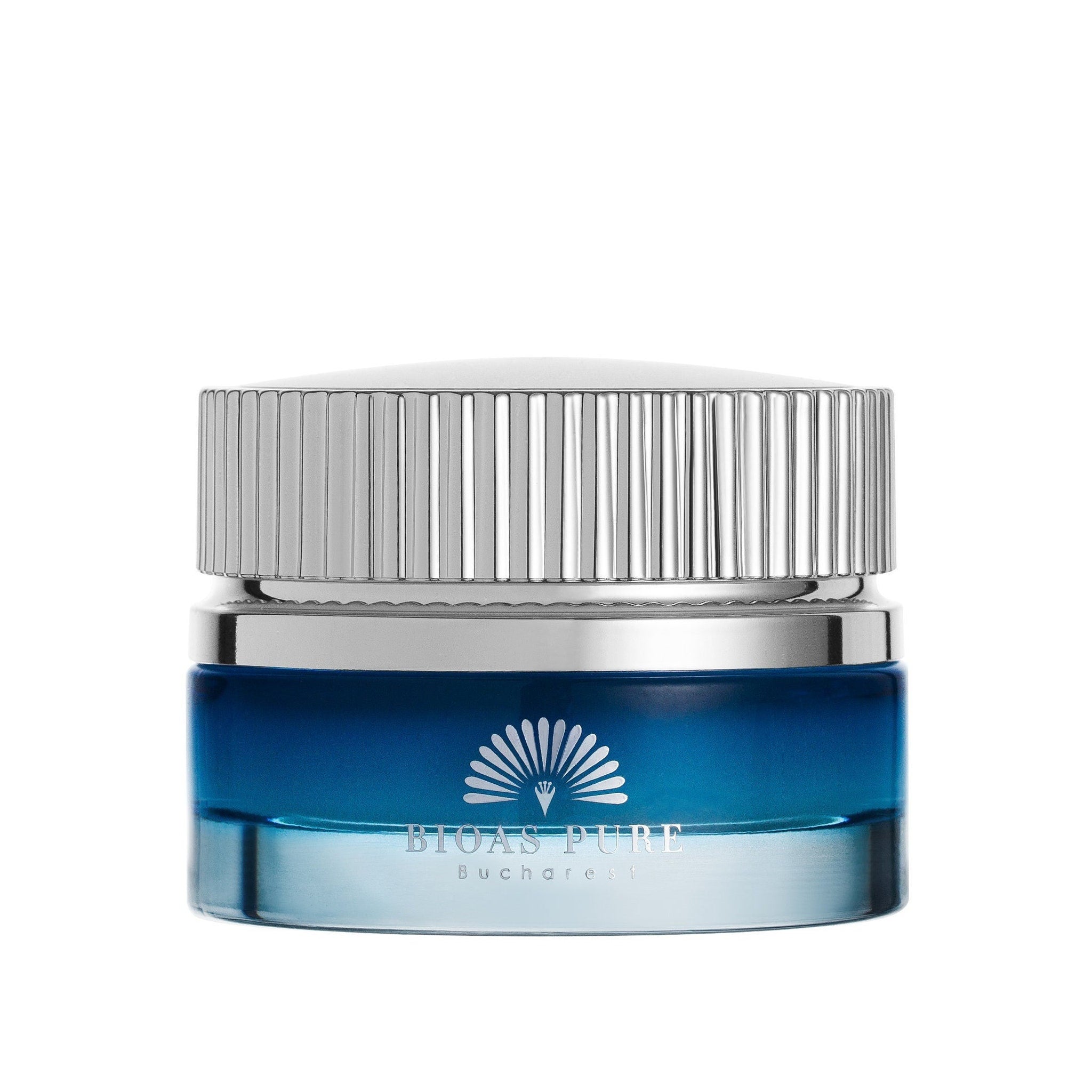 Retinol eye cream, blue glass jar, silver lid, BiOAS PURE branding visible on front