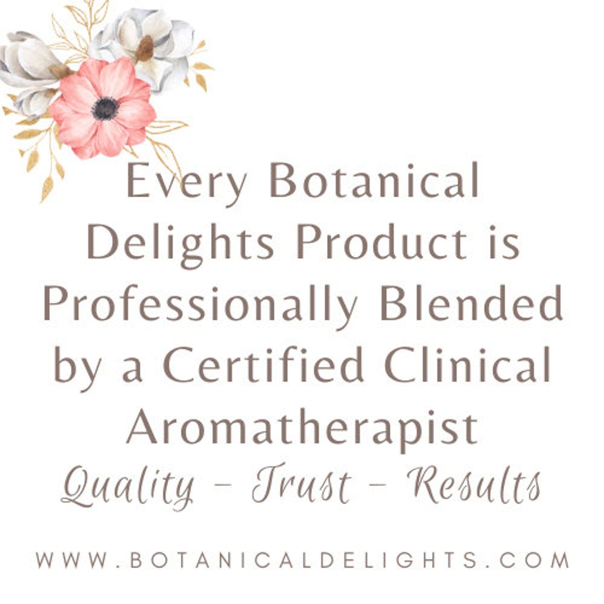 Botanical Delights text with floral arrangement, pink and white flowers, gold accents, and brown text on white background