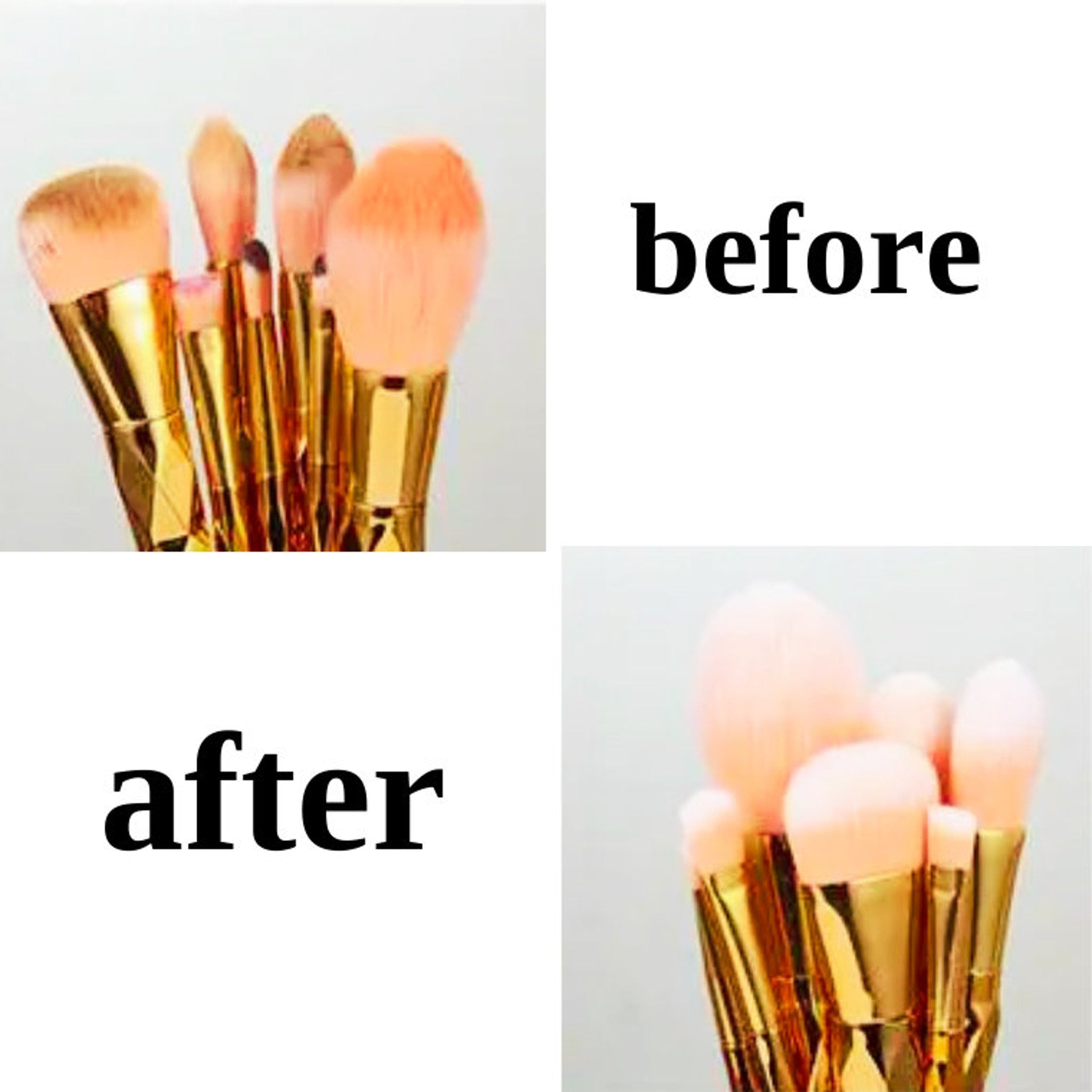 Makeup brushes with peach bristles and gold handles, shown before and after use