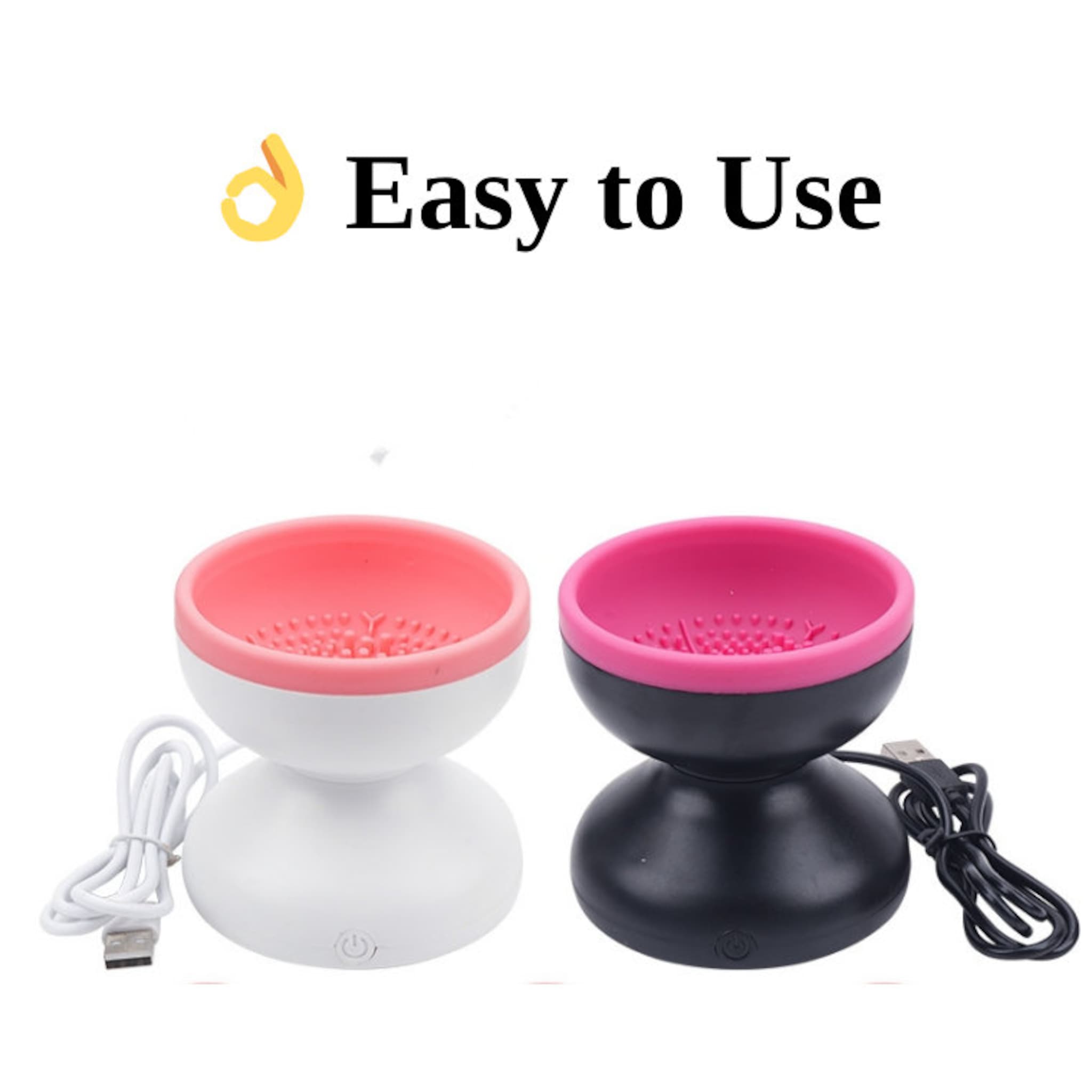 Makeup brush cleaner, white and black base with pink and red bowl, USB cable included