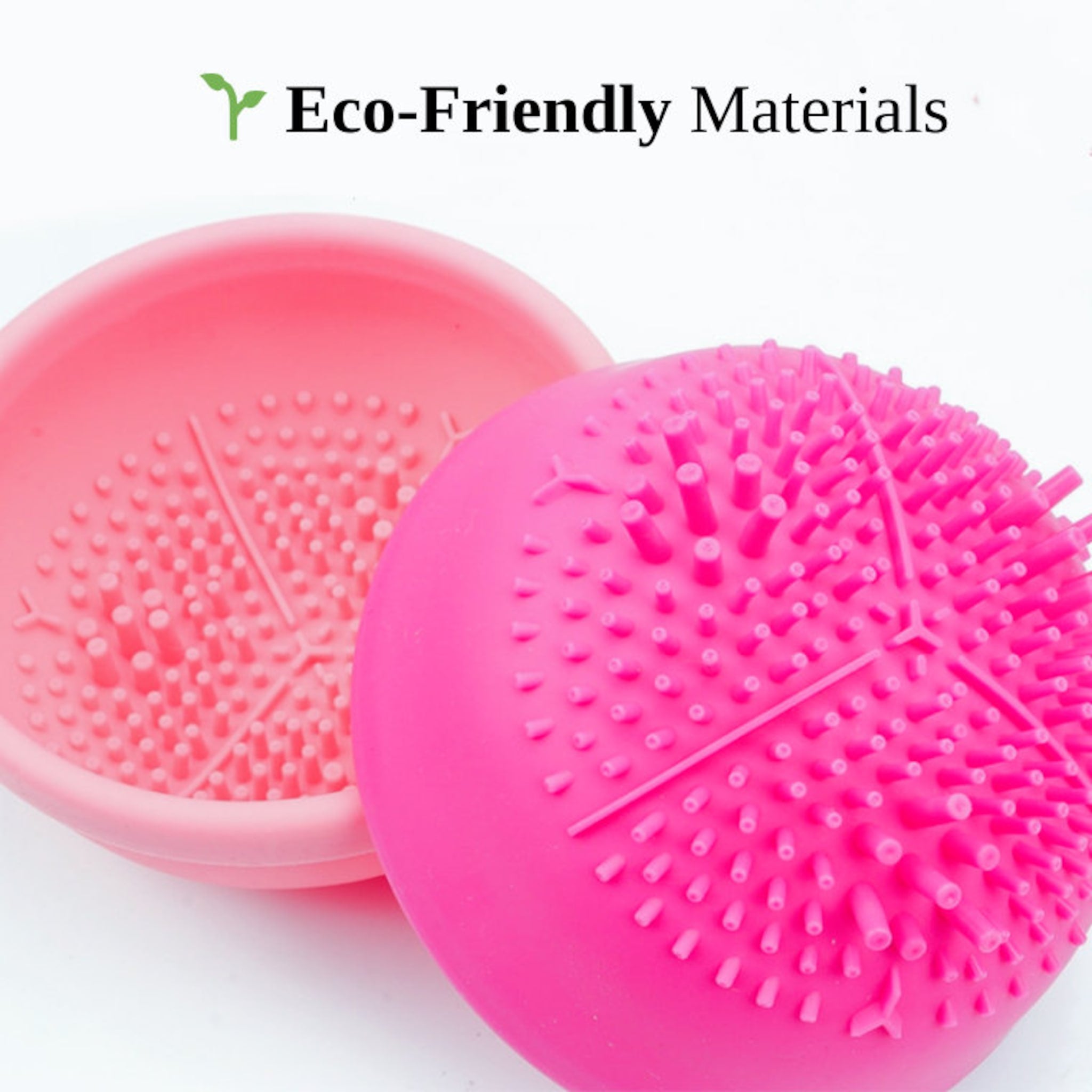 Pink silicone makeup brush cleaner with raised bristles, eco-friendly materials text above