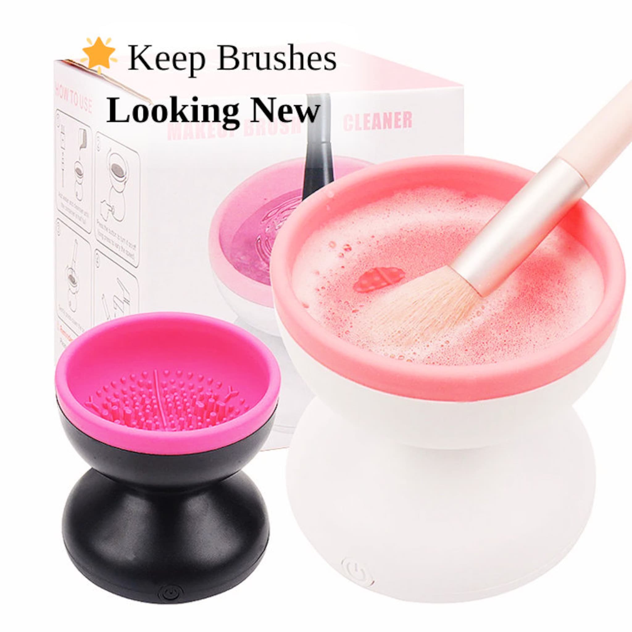 Makeup brush cleaner with pink, white, and black components, used for cleaning a makeup brush