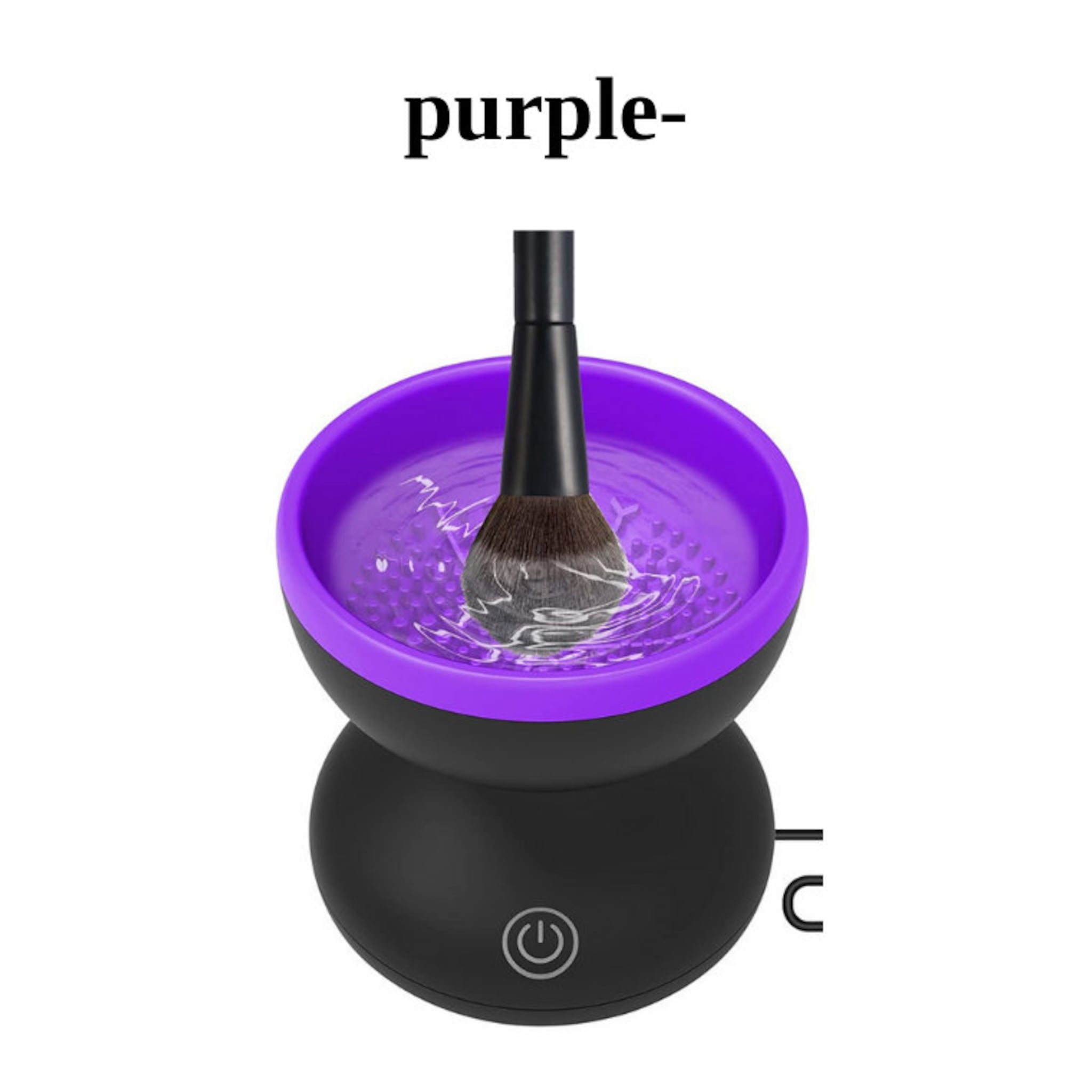 Makeup brush cleaner with purple and black design, used to clean brush