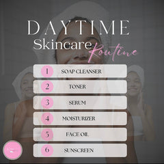Daytime skincare routine graphic with white text, pink accents, and a woman in a towel