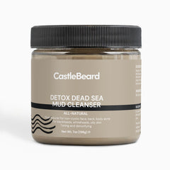 Deep detox cleanser jar with black ribbed lid and tan label, Castlebeard brand