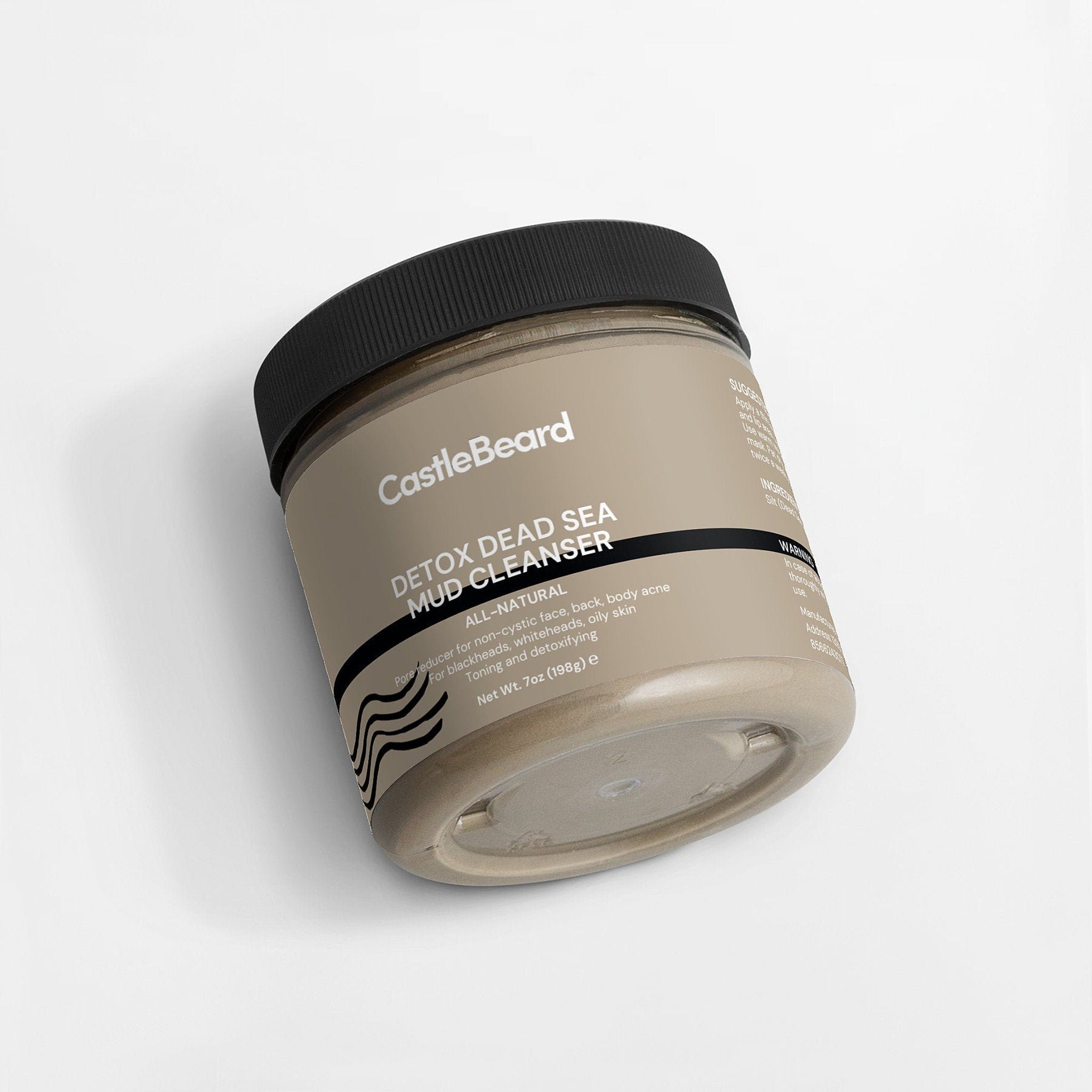 Mud cleanser jar with black lid, tan label, and CastleBeard brand text visible