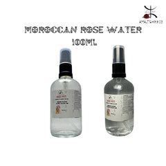Rosewater spray bottles, clear glass, black cap, Amazighrose text