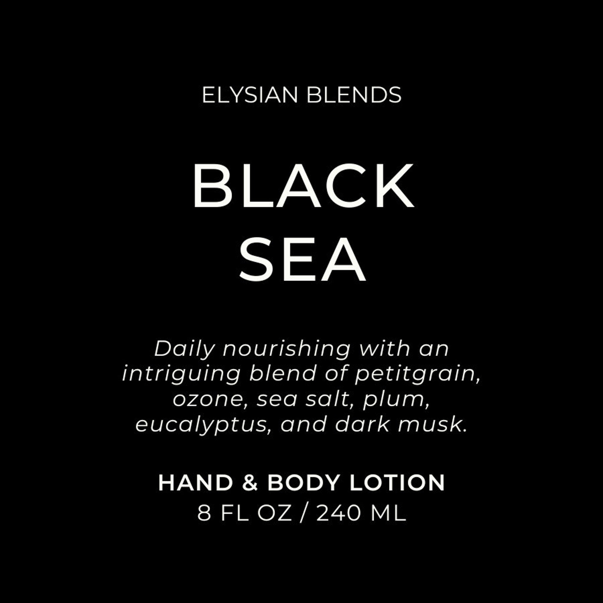 Hand and body lotion product in white text on black background, Elysian Blends brand name visible