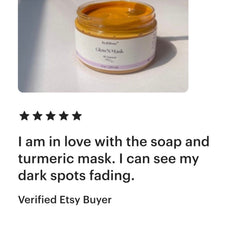 Turmeric mask jar with orange contents, white label, and "Glow'N Mask" text visible on a white surface.
