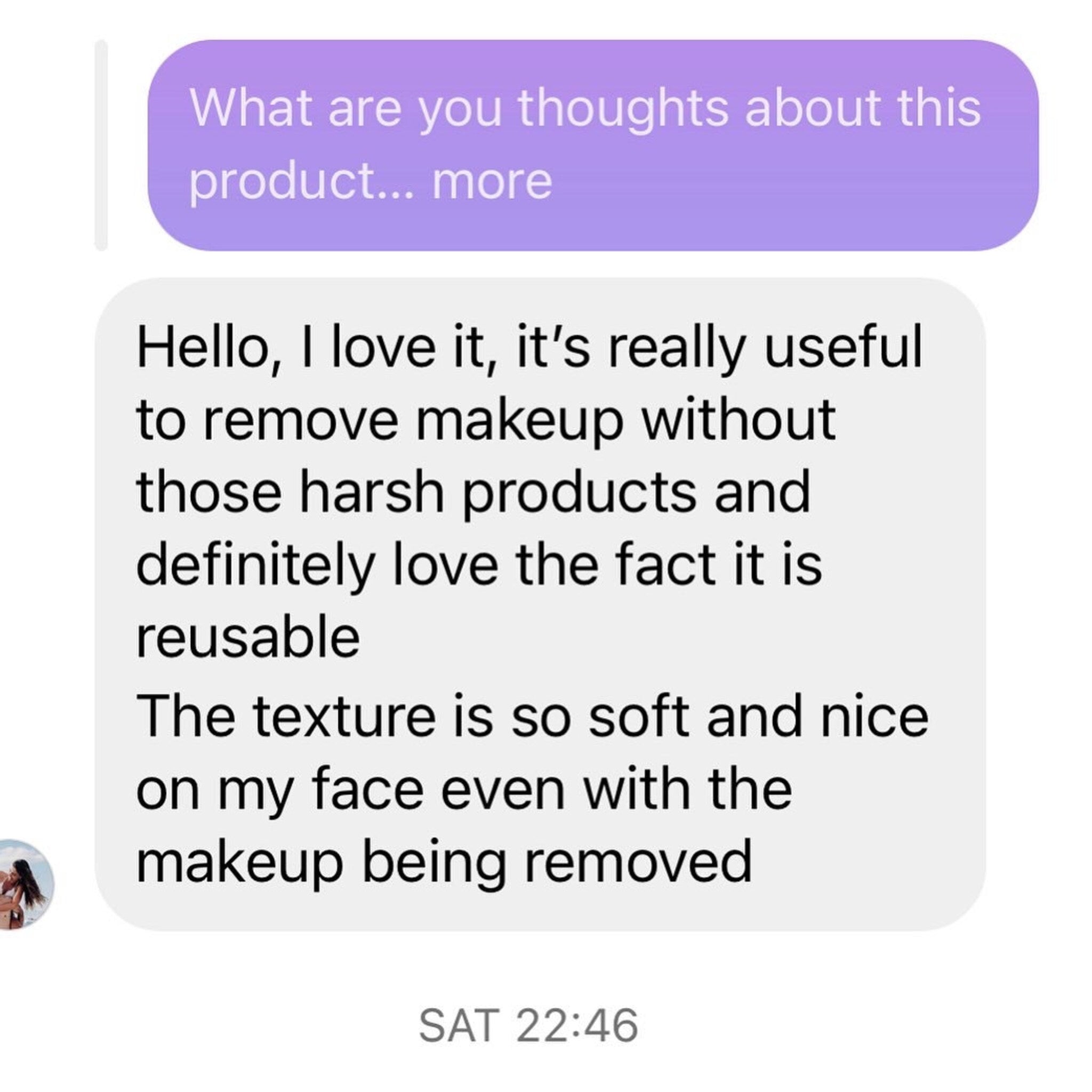 Text message conversation with purple and white text bubbles, showing user review and time stamp