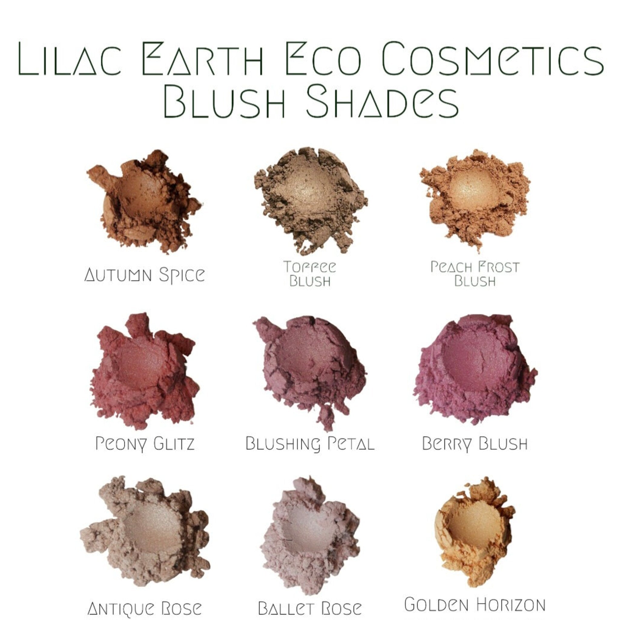 Nine vegan mineral eyeshadow samples in eco-friendly zero-waste packaging displayed on wooden tray