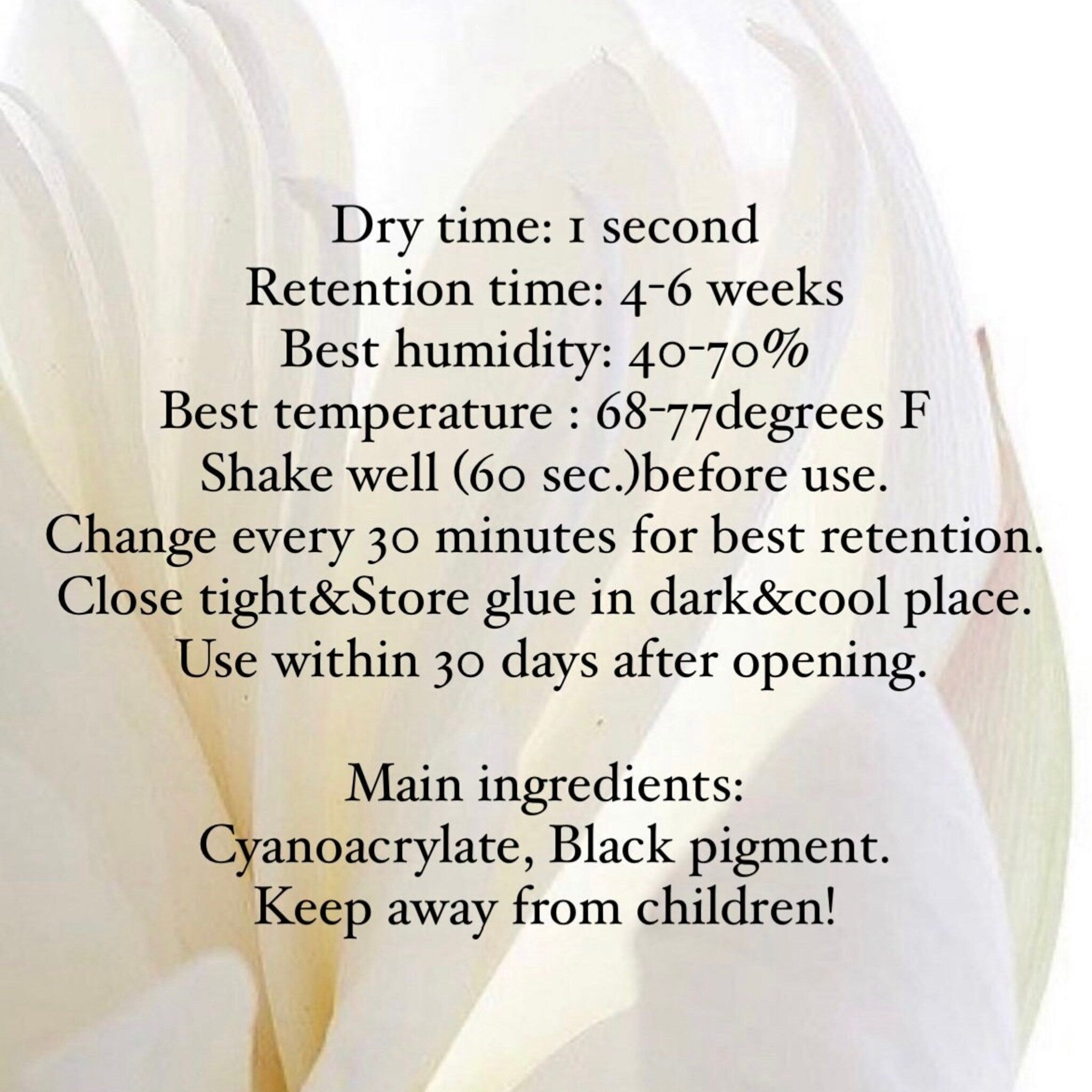 Eyelash adhesive instructions on white background with black text, for use details