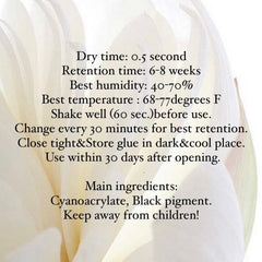 Eyelash glue instructions on white background with black text, dry time and ingredients listed