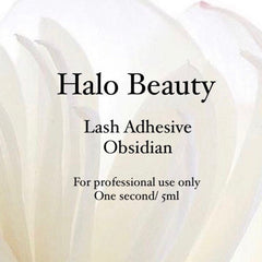 Lash adhesive with Halo Beauty text, white background, black text, for professional use only