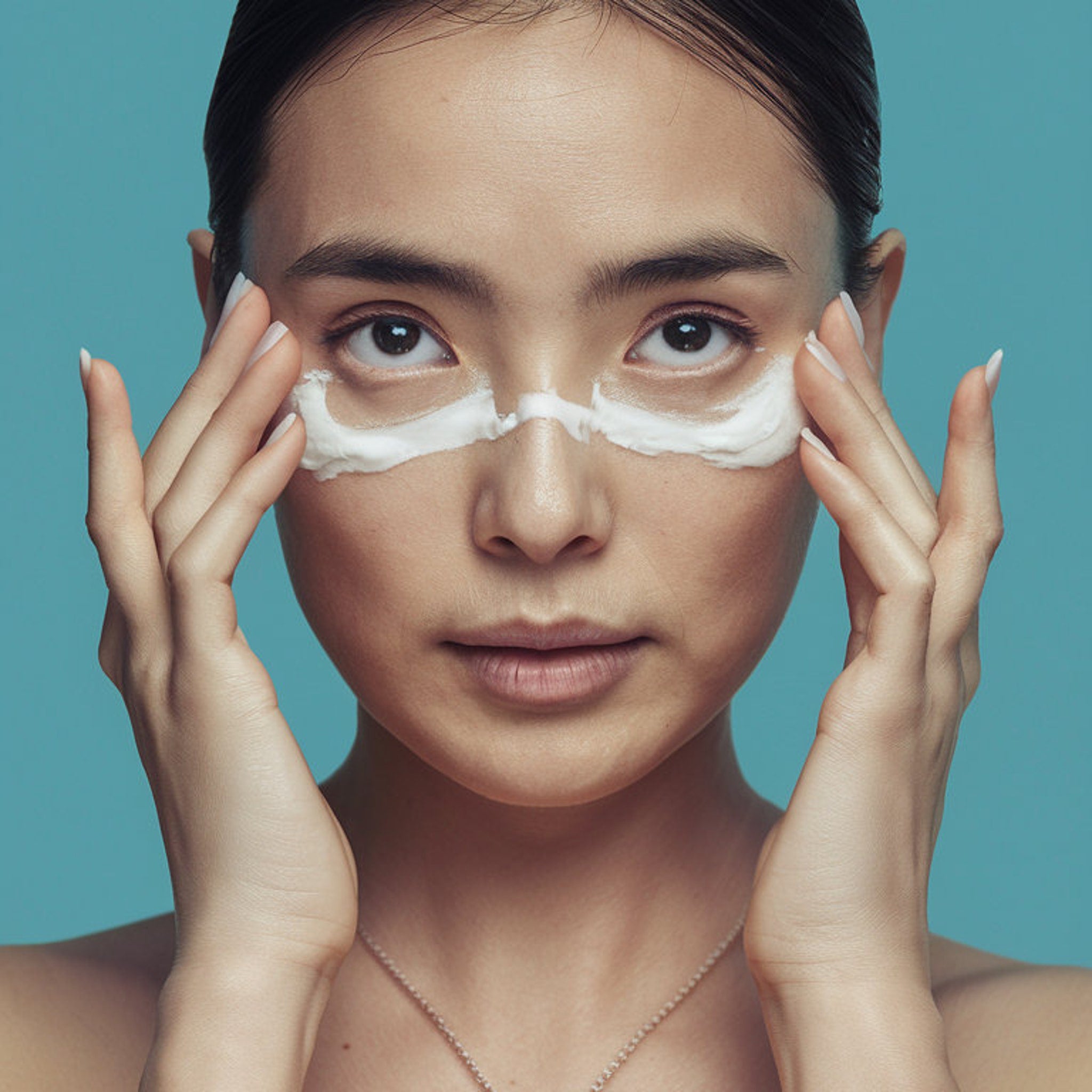 Eye cream application with white cream and hands on face against a blue background
