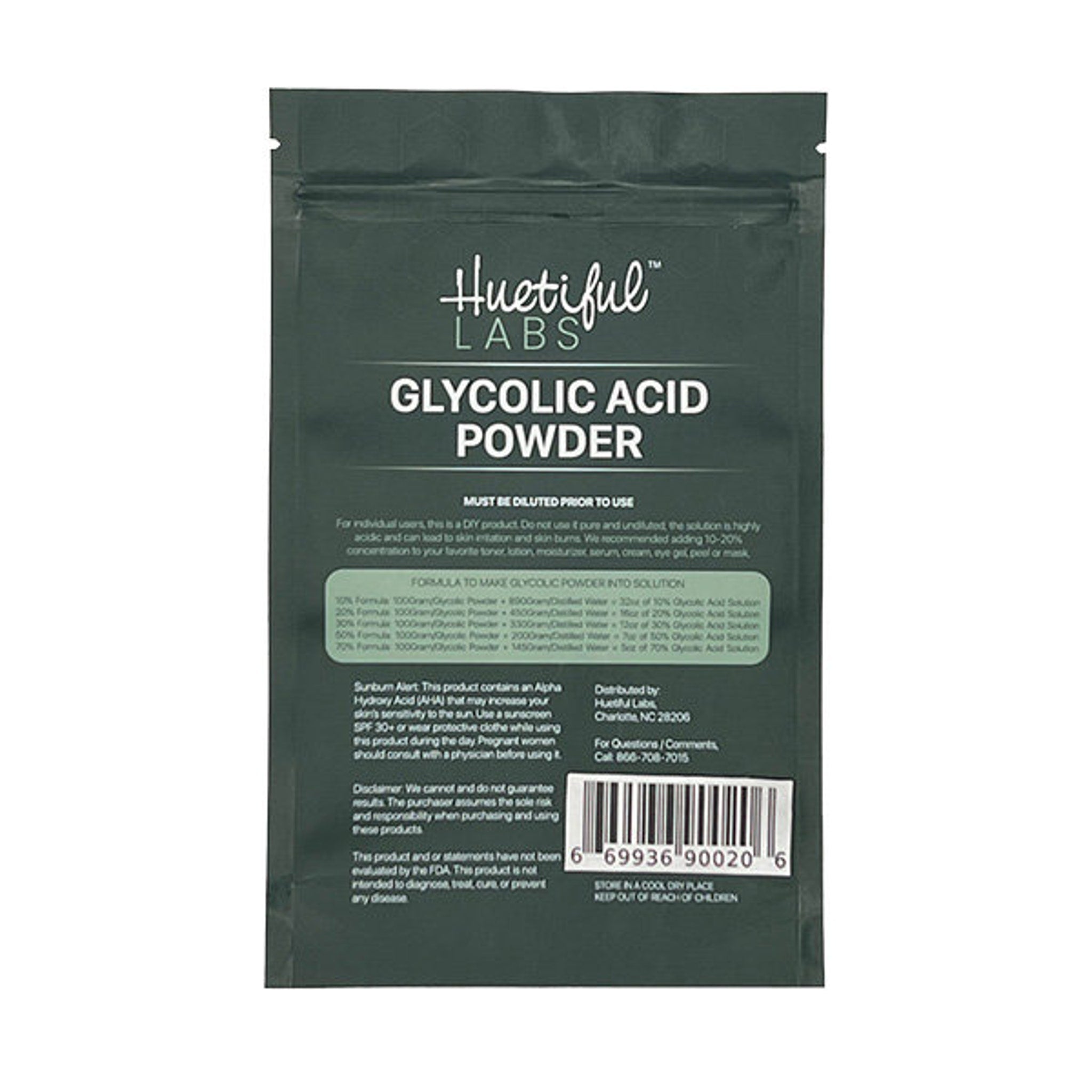 Glycolic acid powder in dark green pouch, with "Huetiful Labs" text and product information printed on front.