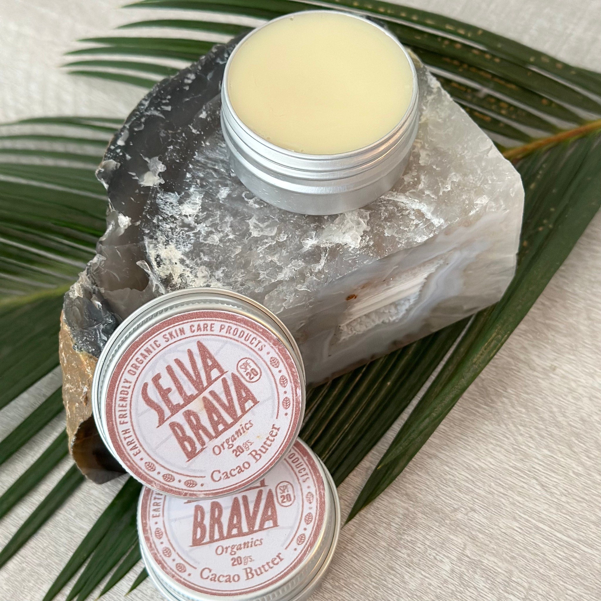 Cacao butter tins with silver lids, brown text, and SELVA BRAVA branding on a stone with green leaves