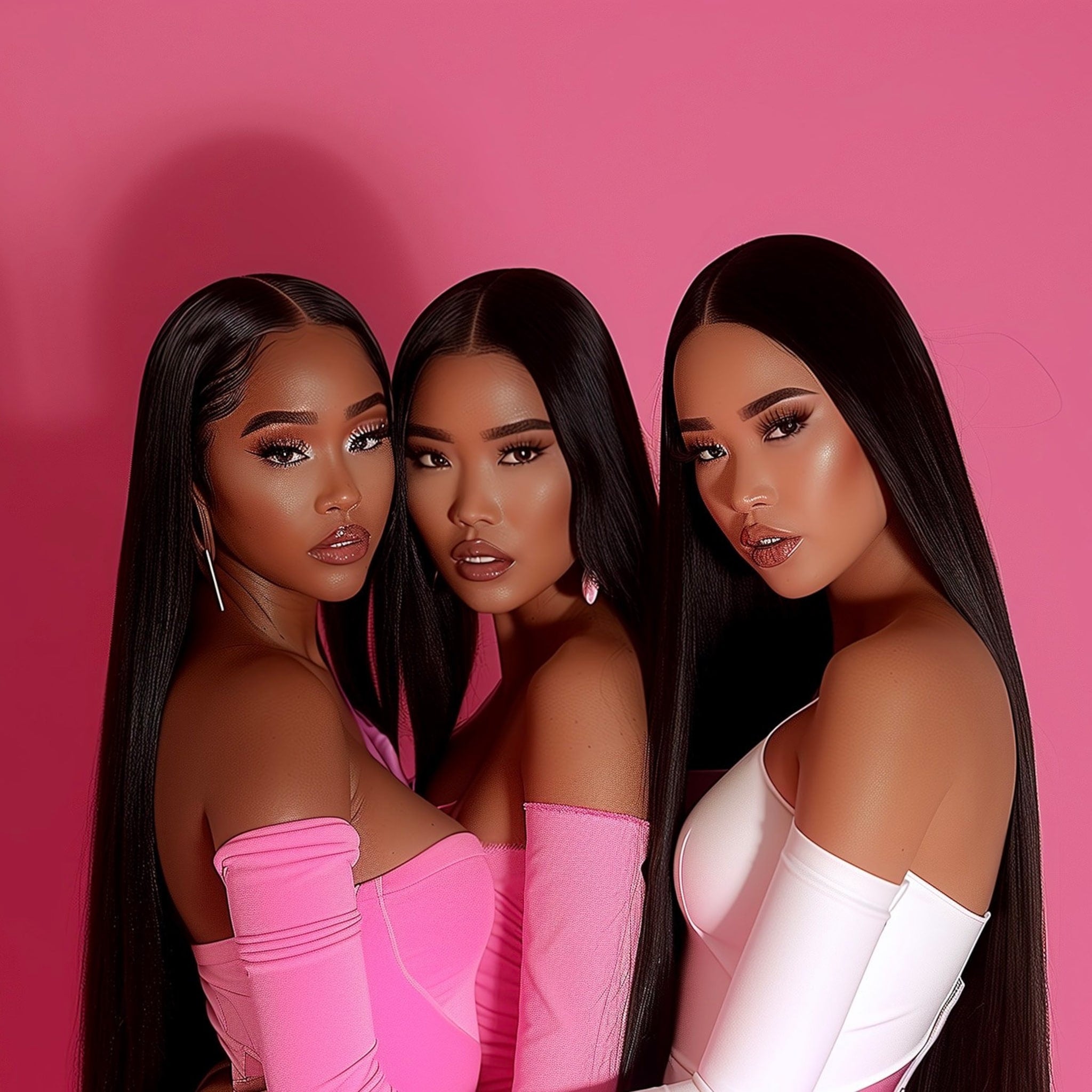 Women with long black hair, wearing pink and white tops, posing in front of pink backdrop